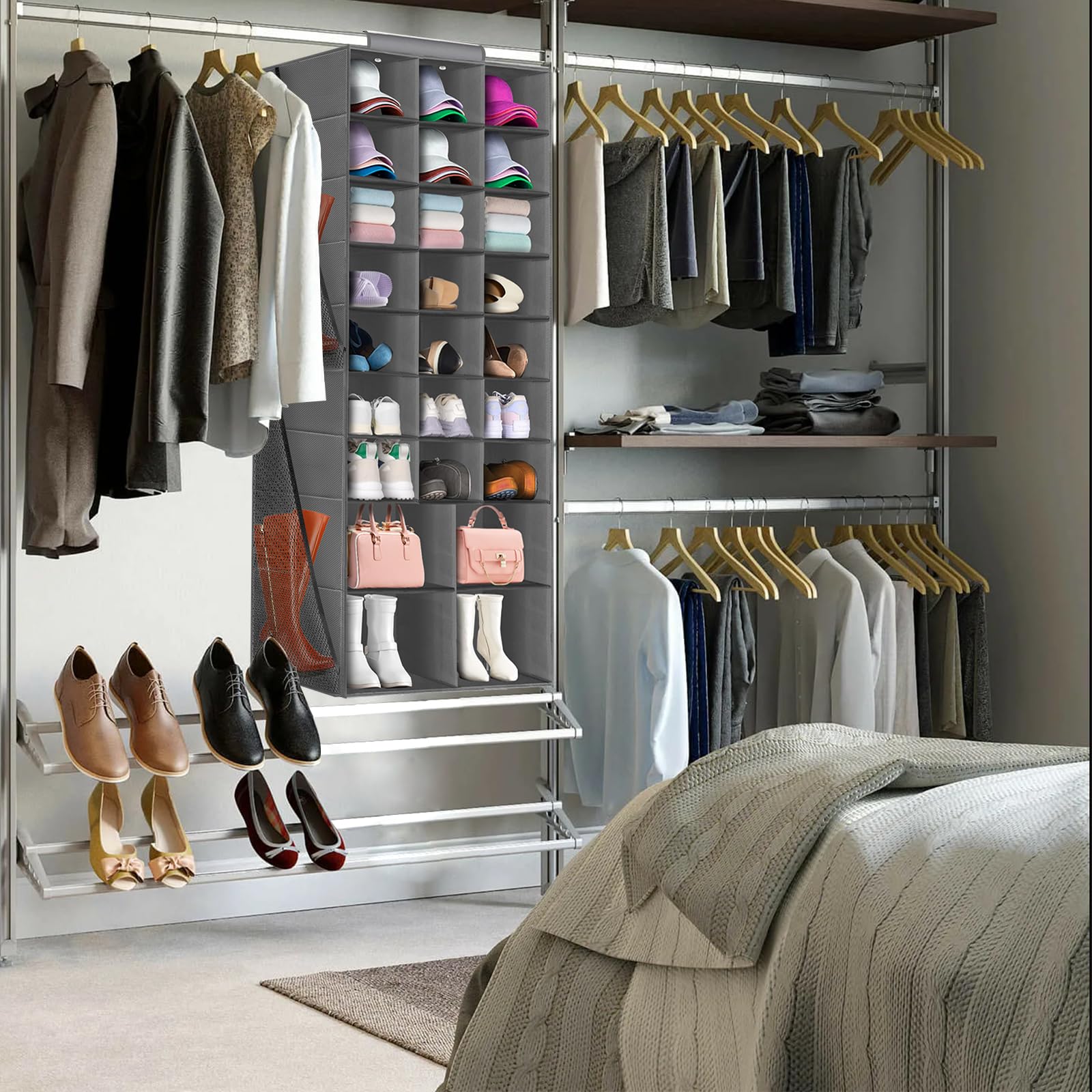 Space-Saving Hanging Shoe Organizer for Closet - 25-Pocket Collapsible Shoe Storage Rack with 4 Large Side Pockets | Perfect for Organizing Shoes, Hats, Clothes & Accessories | Ideal for Small Closets, Dorm Rooms & Apartment Storage (Gray)