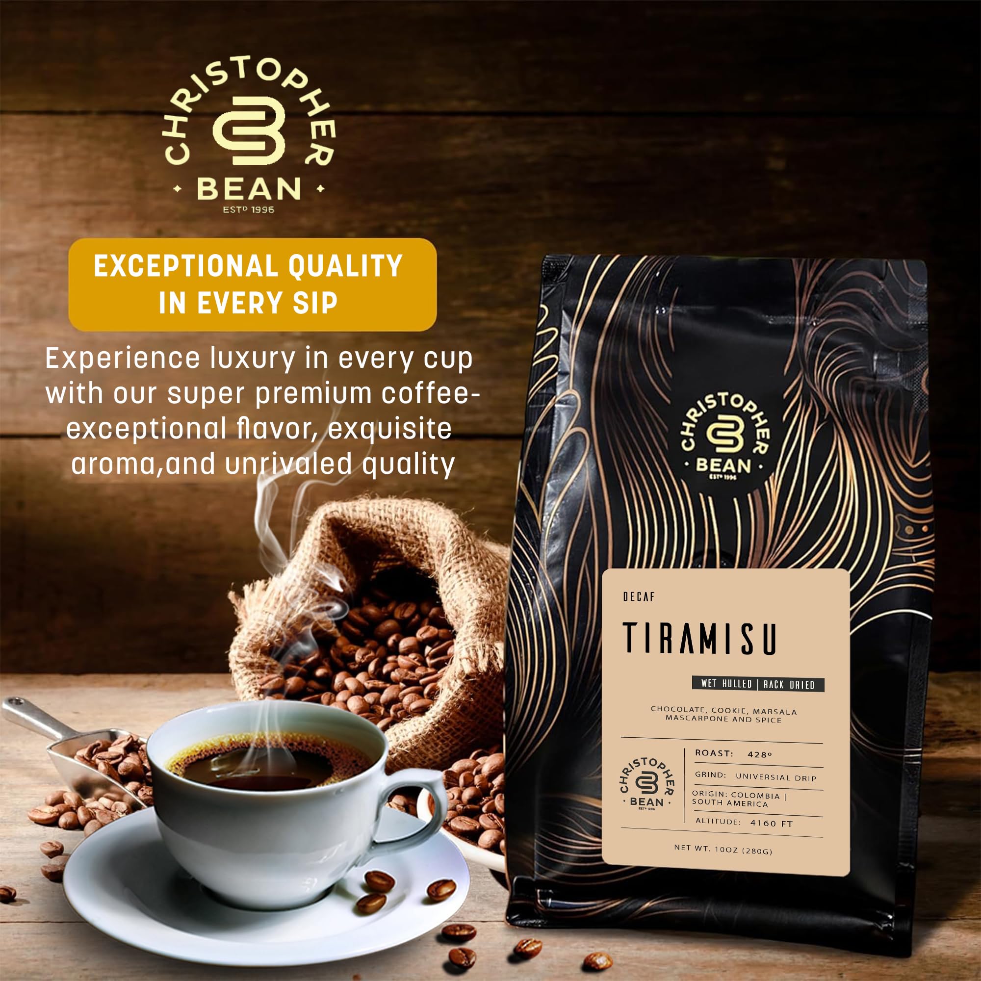 Christopher Bean Coffee - Decaf Ground Universal Drip Tiramisu Flavored Medium Roast Coffee | 100% Arabica, Sugar-Free, Fat-Free, Non-GMO | 10-Ounce Bag | Perfect for Home Brewing, Office Use & Gifts