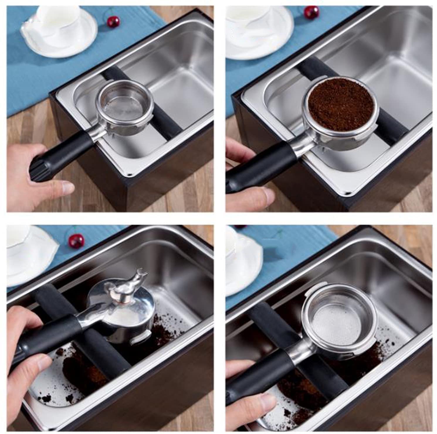 Stainless Steel Coffee Knock Box with Wood Base - Barista Grounds Container, Coffee Residue Bin & Grind Waste Bucket for Espresso Machine Accessories - Perfect for Home & Commercial Coffee Stations