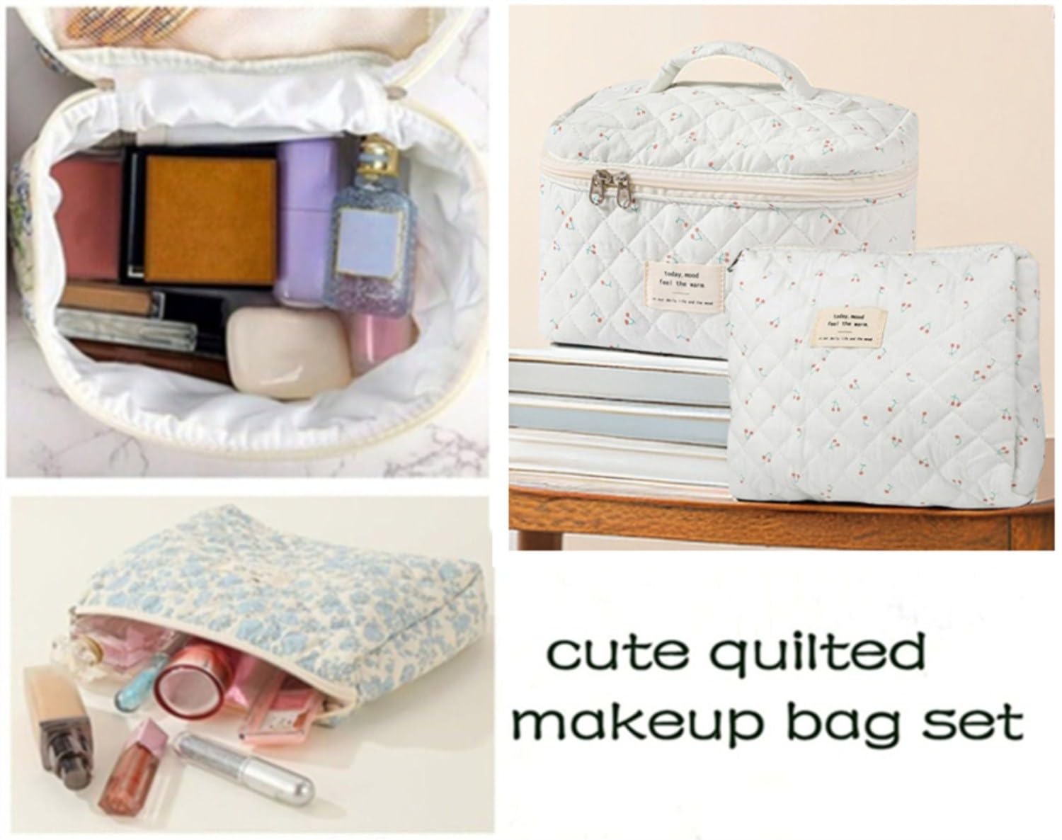 2 Pcs Floral Quilted Makeup Bags Set - Large Cotton Cosmetic Organizer for Women & Girls - Travel Toiletry Bag for Makeup Brushes, Cosmetics, Skincare - Perfect for Vacation, Gym, Daily Use
