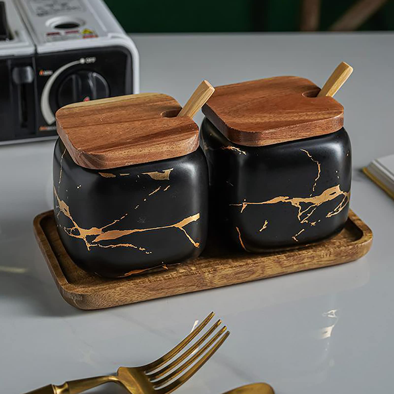 2-Piece Marble Ceramic Seasoning Jars Set with Wooden Lids, Spoon & Tray - Salt, Sugar & Spice Storage Containers - Perfect for Kitchen Countertop & Dining Table Organization (Black)
