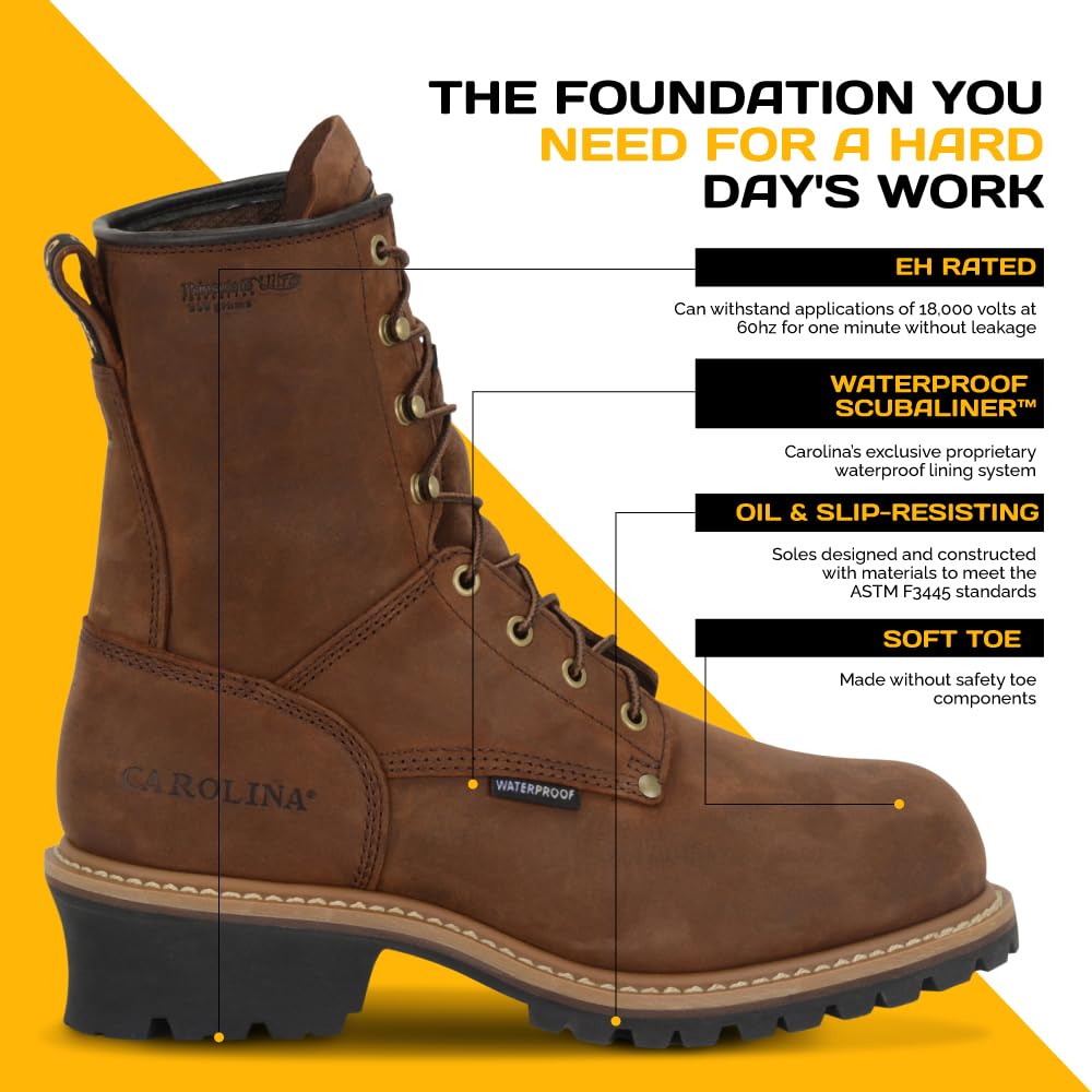Men's Carolina Elm 8-Inch Soft Toe Insulated Waterproof Logger Boots - 600G Thinsulate, Oil & Slip Resistant Rubber Lug Outsole, EH Rated for Construction & Outdoor Work