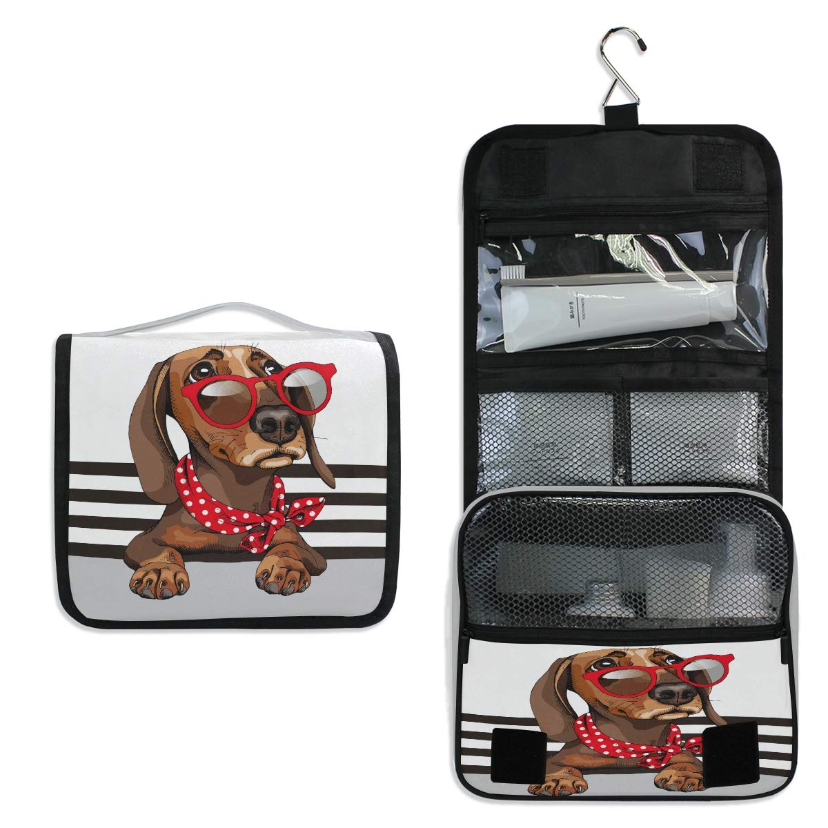 AGONA Hanging Toiletry Bag - Cute Cartoon Dachshund Dog Design, Travel Cosmetic Organizer for Women & Men, Portable Makeup Bag with Sturdy Hook - Perfect for Bathroom, Gym, Camping & Vacation Essentials