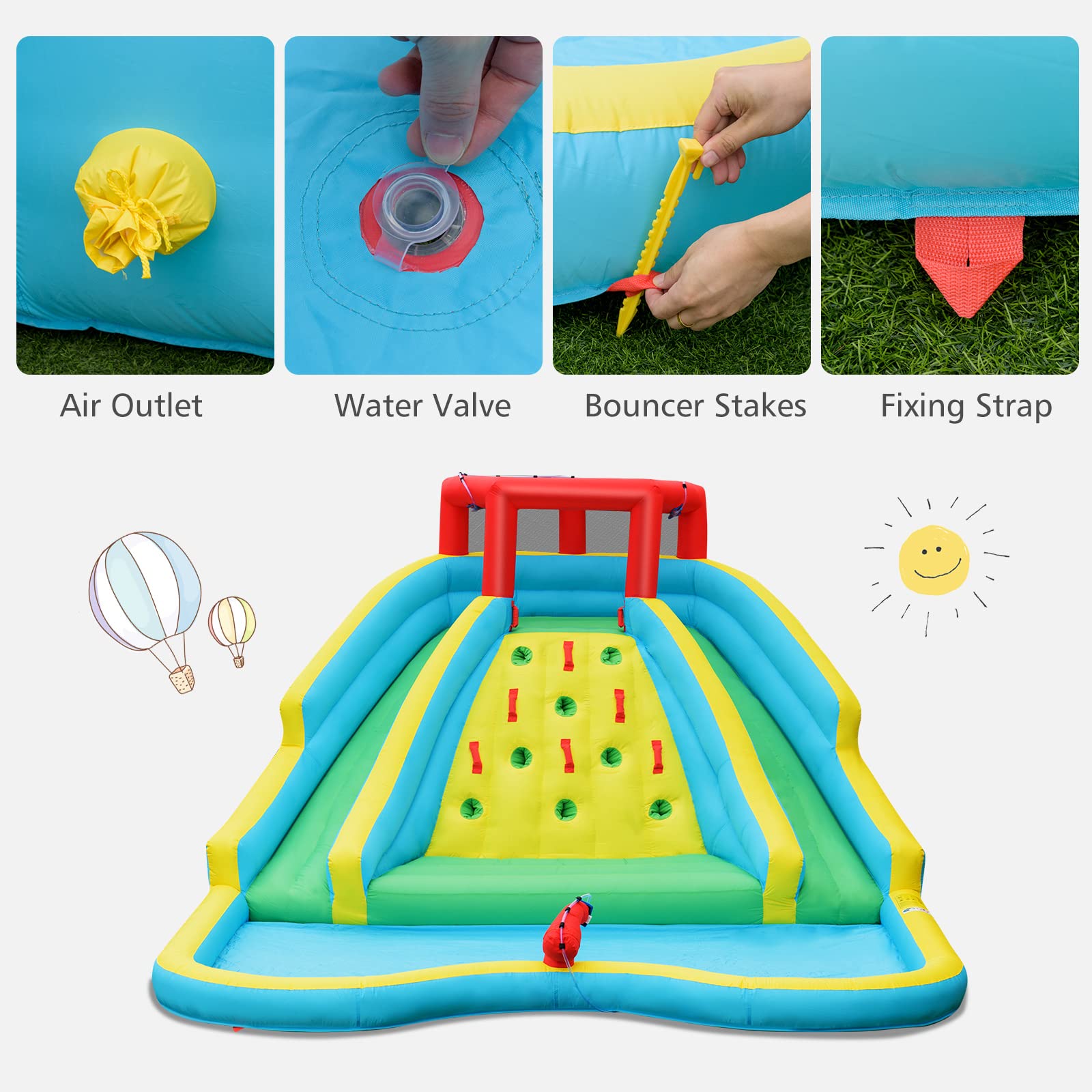 **HONEY JOY Inflatable Water Slide for Kids - Giant Backyard Water Park with 2 Long Slides, Climbing Wall, Water Hoses & Cannon, Large Splash Pool - Outdoor Blow Up Waterslide for Summer Fun (Includes 750W Blower) - Perfect for Birthday Parties, Family Gatherings & Backyard Water Play**