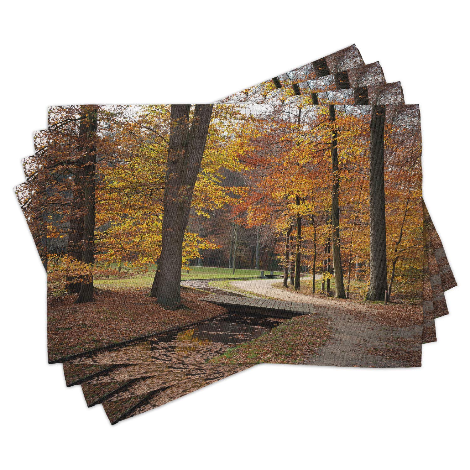 Ambesonne Autumn Placemats Set of 4 - Waterproof Fabric Table Mats with Rainy Forest Path Photographic Design, Washable for Dining Room & Kitchen Decor in Marigold Amber & Seal Brown | Perfect for Fall Dinner Parties, Thanksgiving Table Settings & Cozy Home Decor