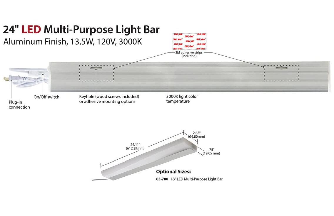 Satco 63/701 LED Under Cabinet Plug-in Light Bar - 24 Inch, 3000K Warm White, Energy Efficient Kitchen Lighting for Countertops, Pantry & Workspaces