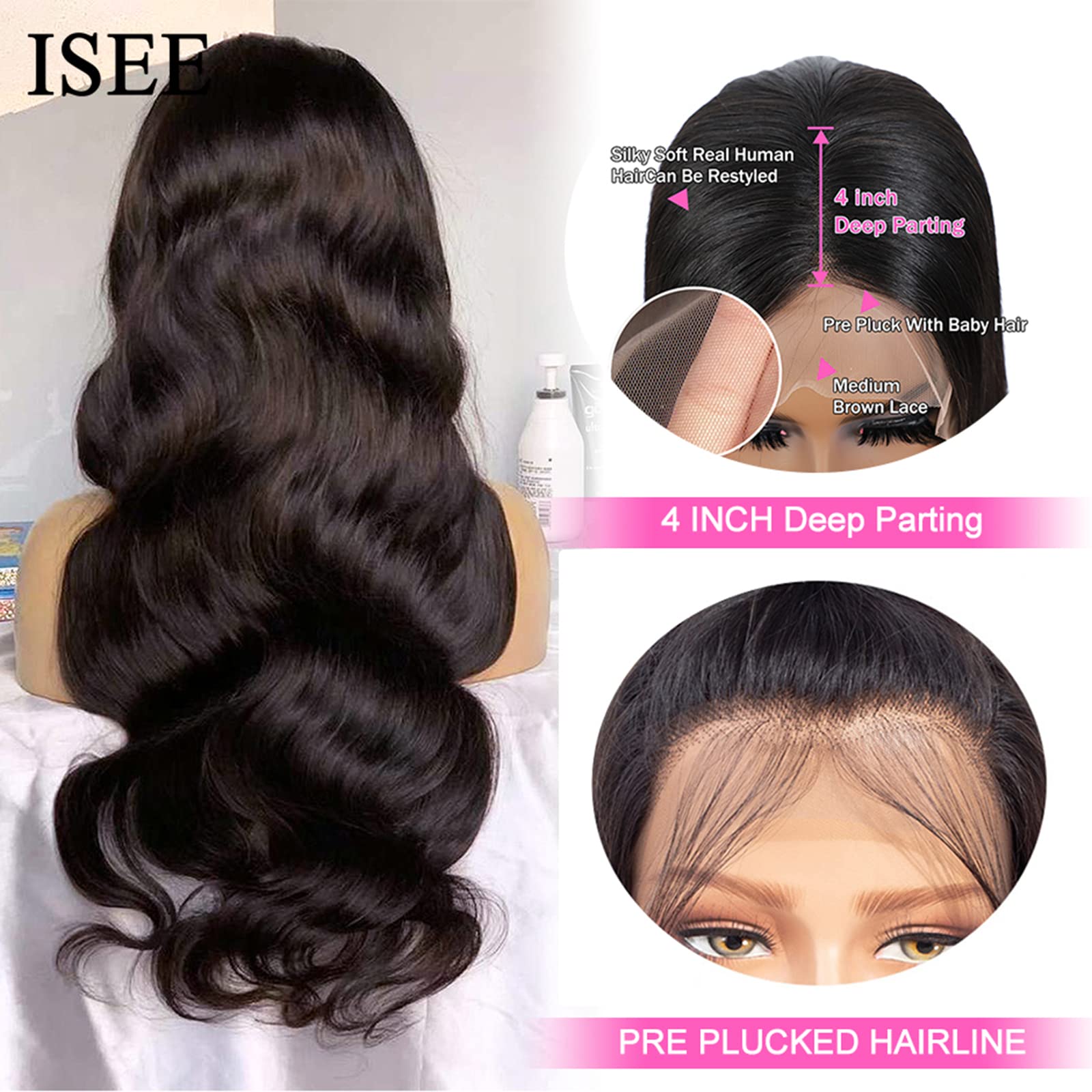 ISEE 150% Density Grade 9A Brazilian Virgin Human Hair Wigs - Body Wave 4x4 Lace Closure Wig with Baby Hair & Pre Plucked Hairline for Black Women (30 Inch, Natural Color) | Perfect for Daily Wear, Parties & Special Occasions