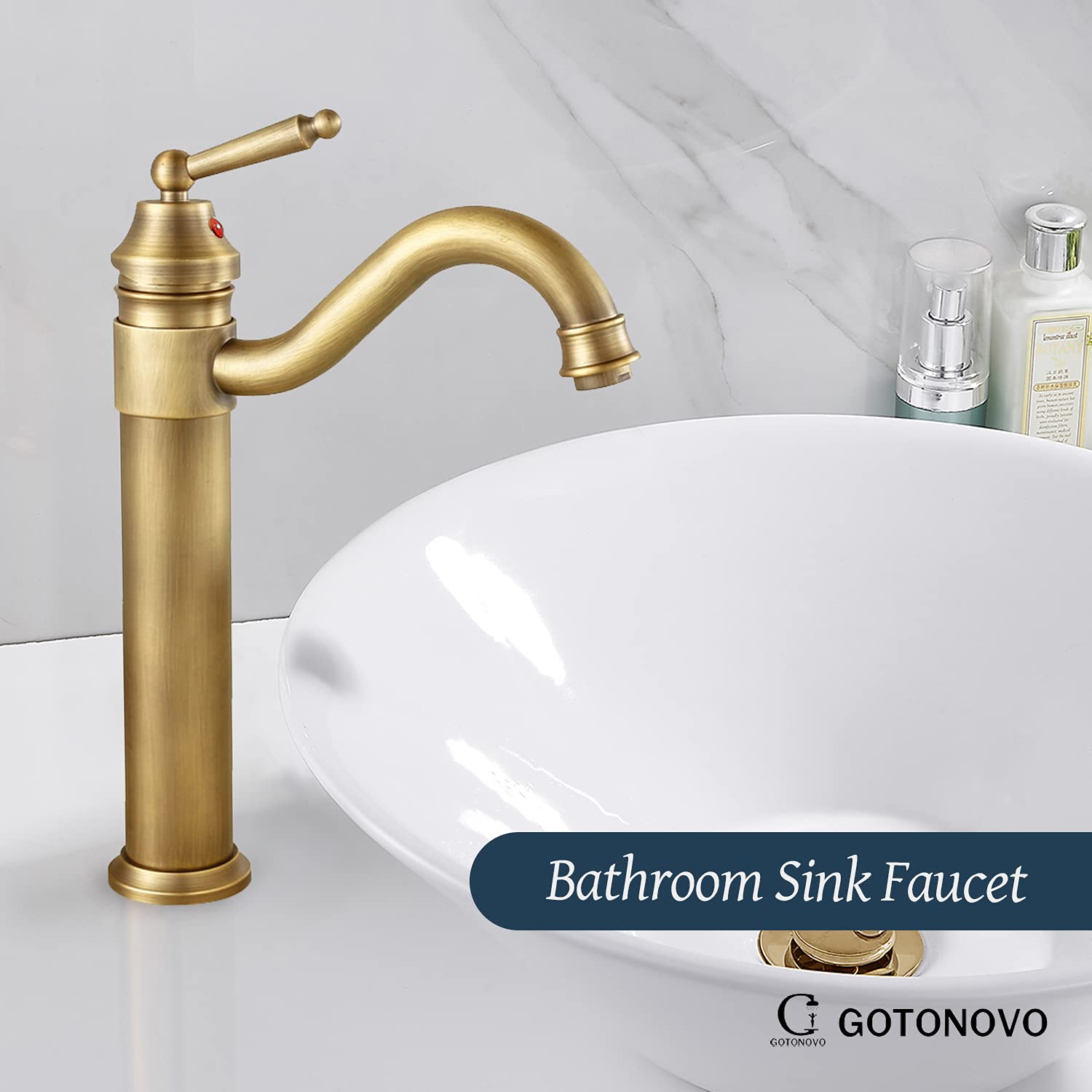 Gotonovo Antique Brass Shower Faucet Set - 8 Inch Rainfall Shower Head with Matching Single Handle Bathroom Sink Faucet - Deck Mount Single Hole Vessel Sink Faucet - Perfect for Vintage Style Bathroom Renovations and Modern Home Upgrades