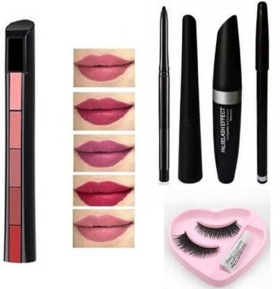 KAARM 5-in-1 Creamy Matte Lipstick & Eyeliner Kit with Curling Mascara, Kajal Pencil, Eyebrow Pencil, False Lashes & Glue - Long Lasting Makeup Set for Party, Wedding & Daily Beauty Routine