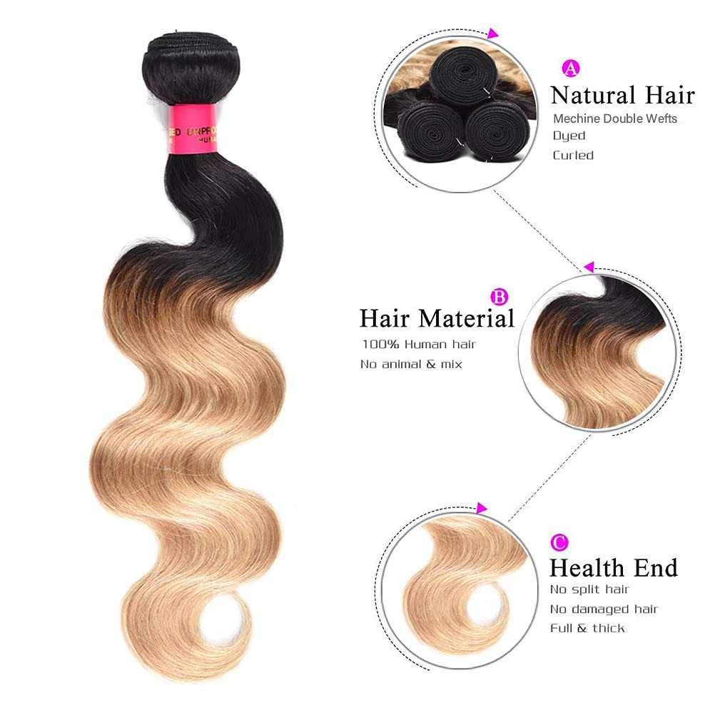 WOME Brazilian Ombre Human Hair Bundles - 3 Bundles Unprocessed #1B/27 Blonde Ombre Two Tone Hair Wefts Extensions (10