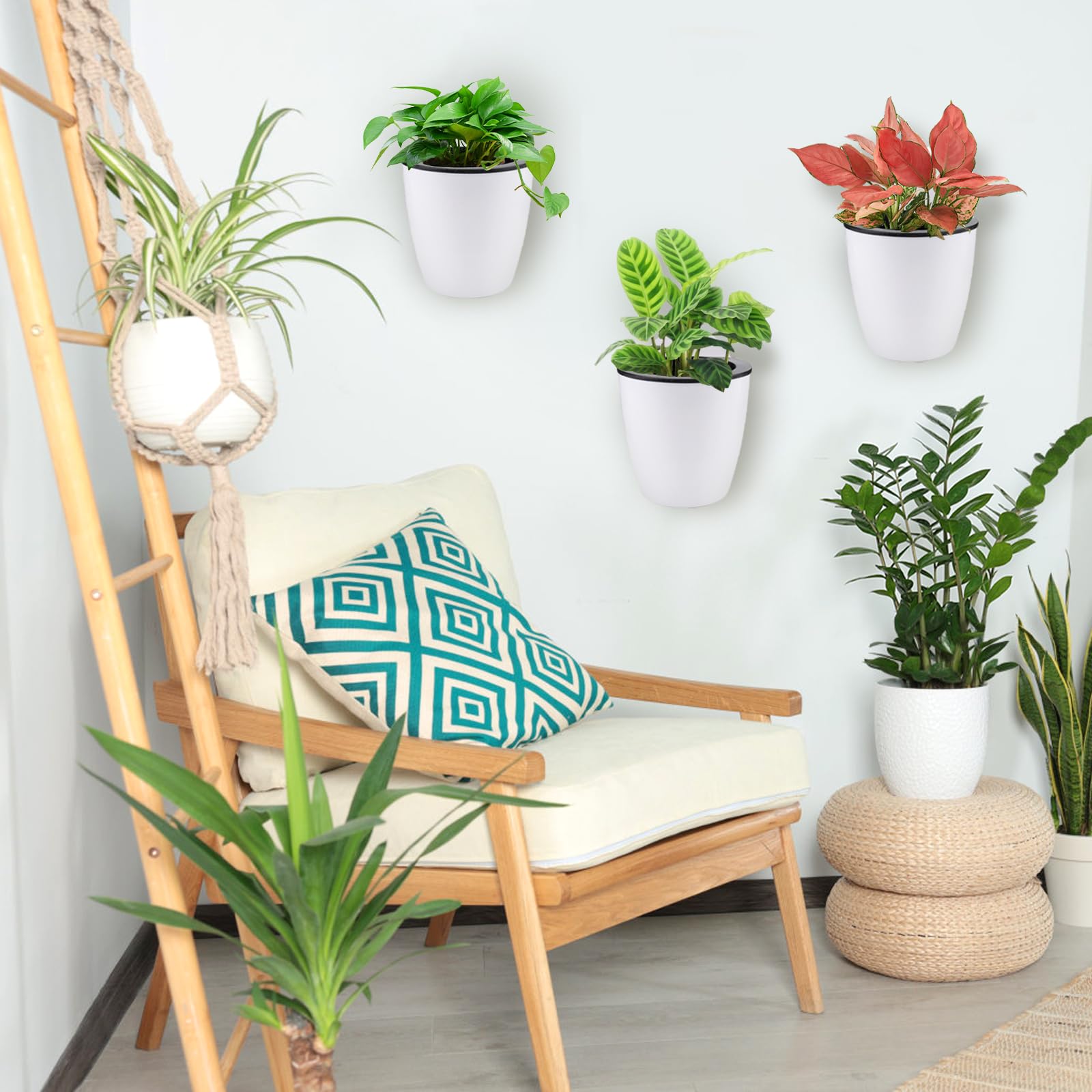 Jucoan 9 Pack Self Watering Wall Hanging Planters - 5 Inch White Plastic Indoor Flower Pots with 9 Hooks for Cactus, Succulents & Small Plants - Perfect for Garden Fence, Porch, Wall Decor & Indoor Greenery
