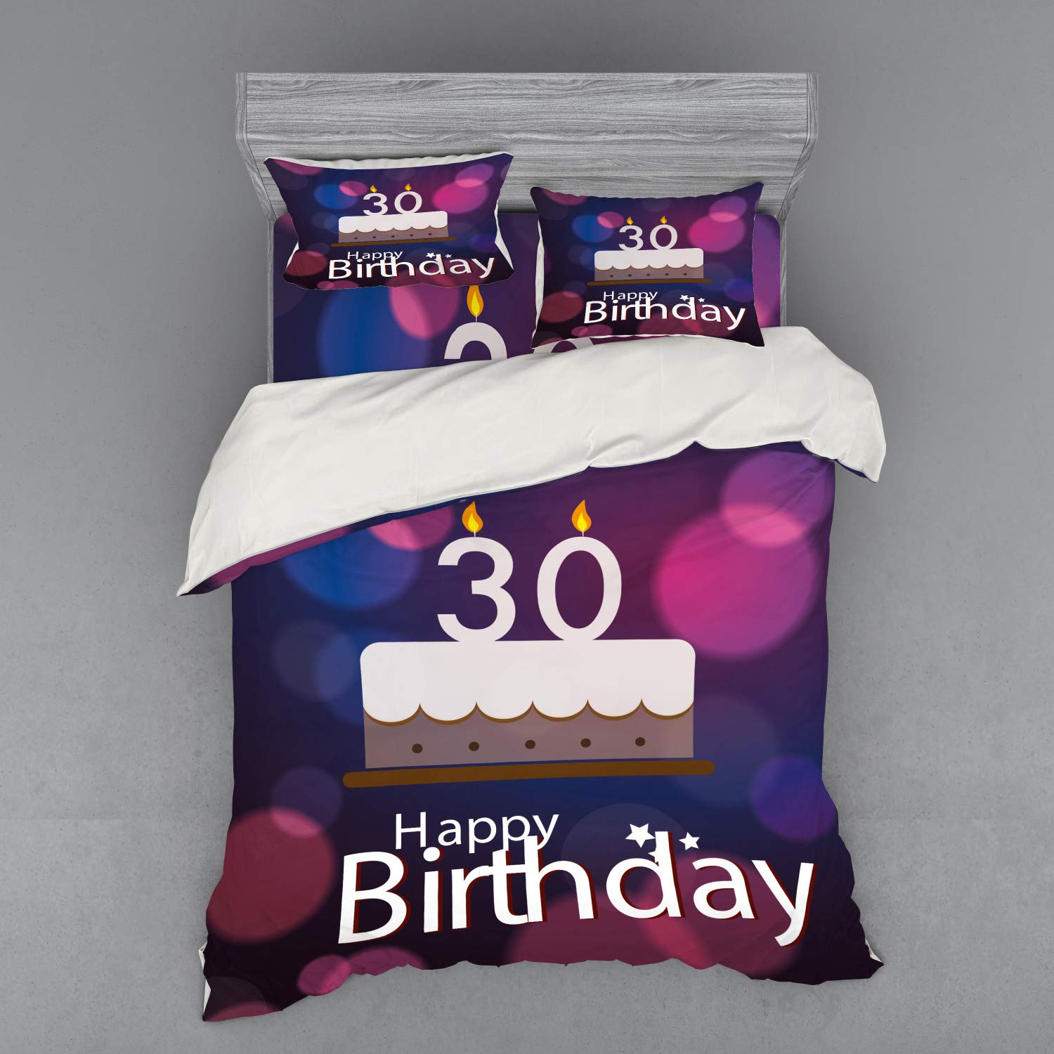 Ambesonne 30th Birthday Duvet Cover Set - Queen Size 4-Piece Bedding with Graphic Cake & Candles on Abstract Bokeh Background - Includes Shams & Fitted Sheet in Pink Navy Blue White - Perfect for Birthday Celebrations & Bedroom Decor