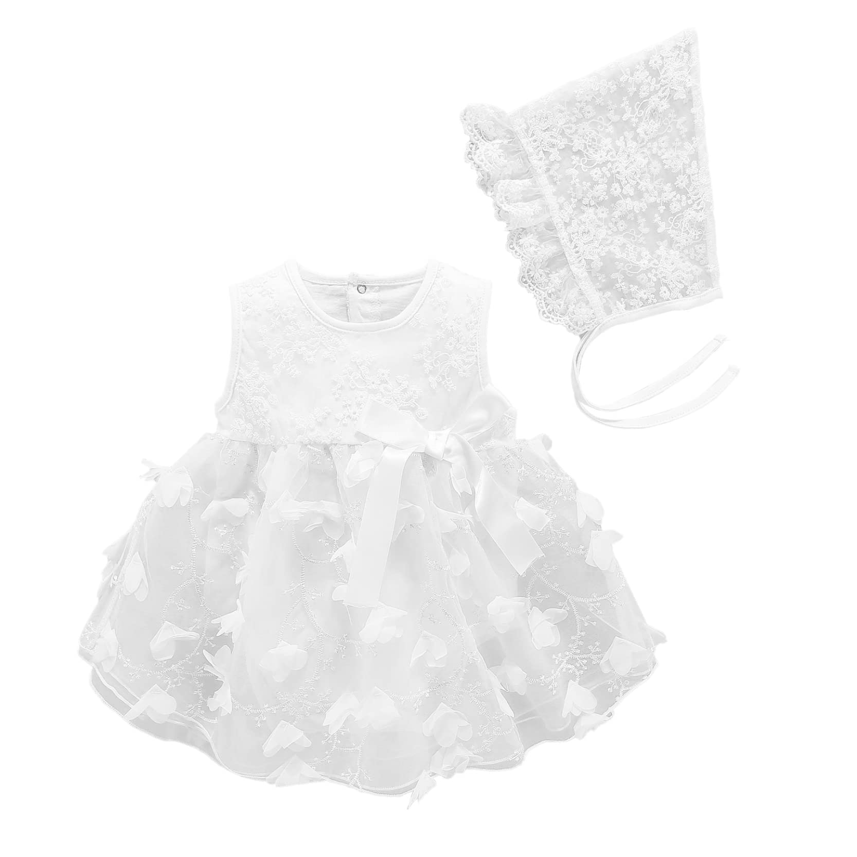 Loloda Baby Girl Christening Dress - Classic White Infant Baptism & Wedding Gown with Floral Lace, Tulle Skirt & Matching Hat | Perfect for Christenings, First Communion & Special Occasions
