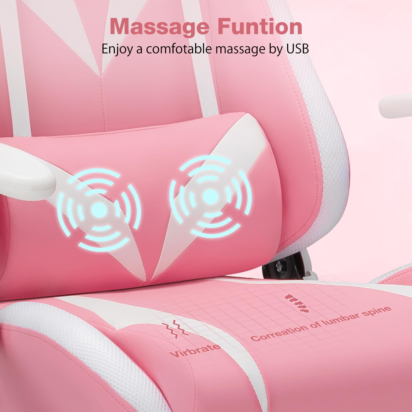 HOFFREE Pink and White Gaming Chair with Bluetooth Speakers, LED Lights, Massage & Footrest - Ergonomic High Back Reclining Computer Chair for Gamers | Perfect for Gaming Rooms, Esports & Home Office Setup
