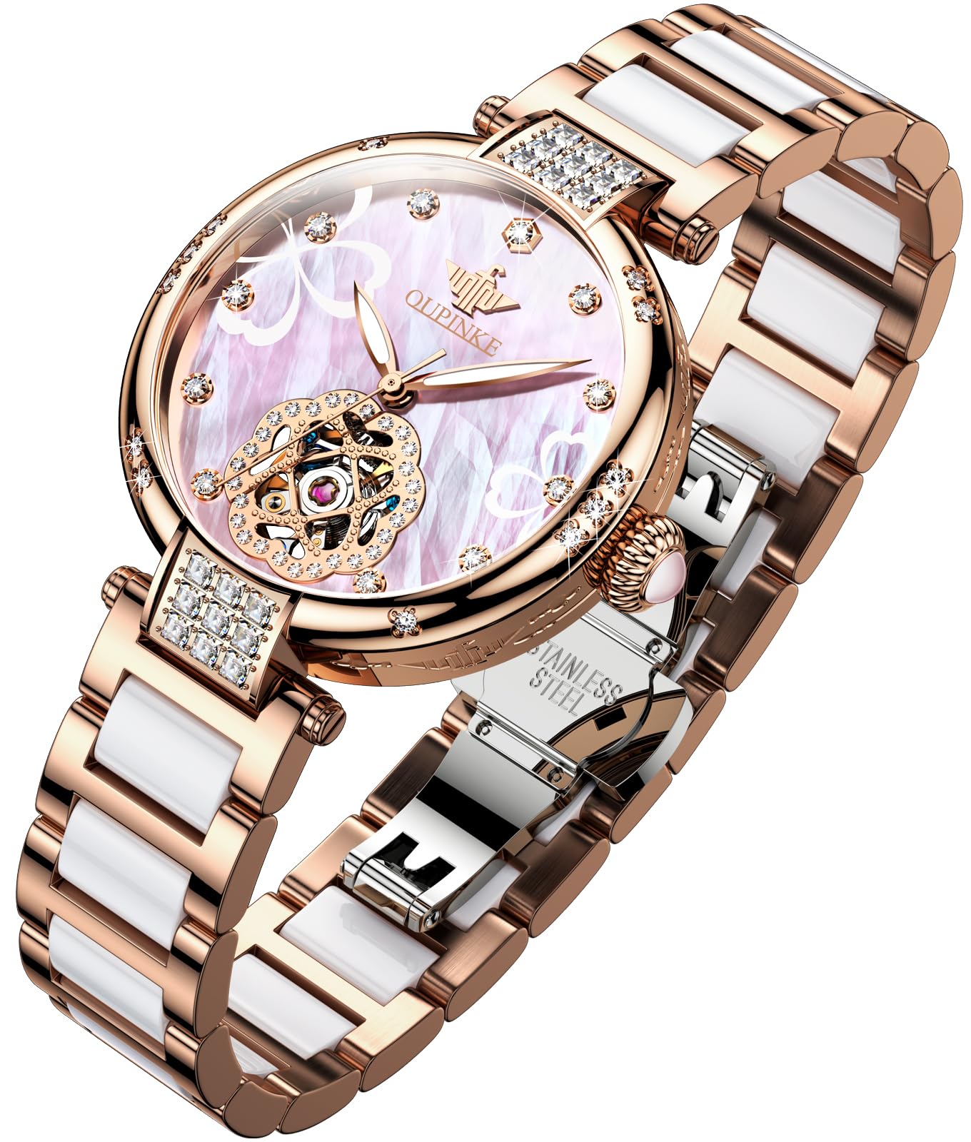 OUPINKE Women's Automatic Diamond Watch - Elegant Skeleton Mechanical Self-Winding Waterproof Luminous Dress Watch for Women | Perfect Gift for Her, Office Wear & Special Occasions