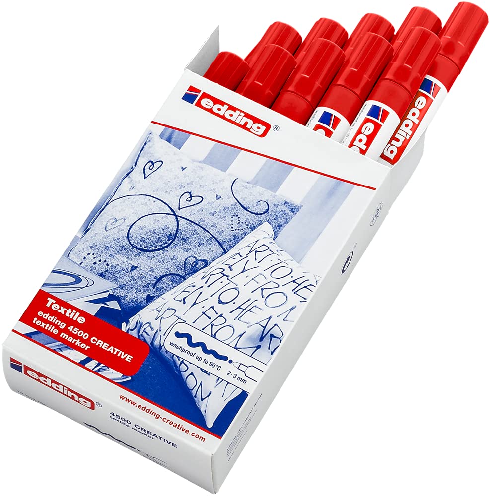 edding 4500 Permanent Fabric Markers - Red (Pack of 10) - 2-3mm Round Tip Textile Pens for Drawing, Lettering & DIY Projects - Wash-Resistant up to 60°C - Ideal for Clothing, Canvas, Denim & Home Decor Crafts