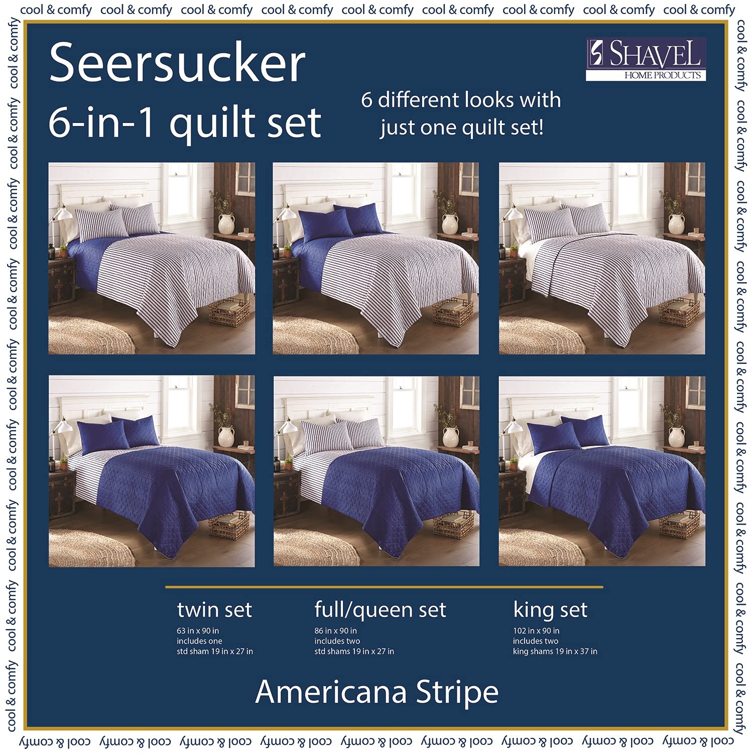 Shavel Home Products 6-in-1 Seersucker Quilt Set King Size - Americana Stripe Bedding Set with Comforter, Sheets & Pillowcases - Perfect for Master Bedroom, Guest Room & Cozy Home Decor