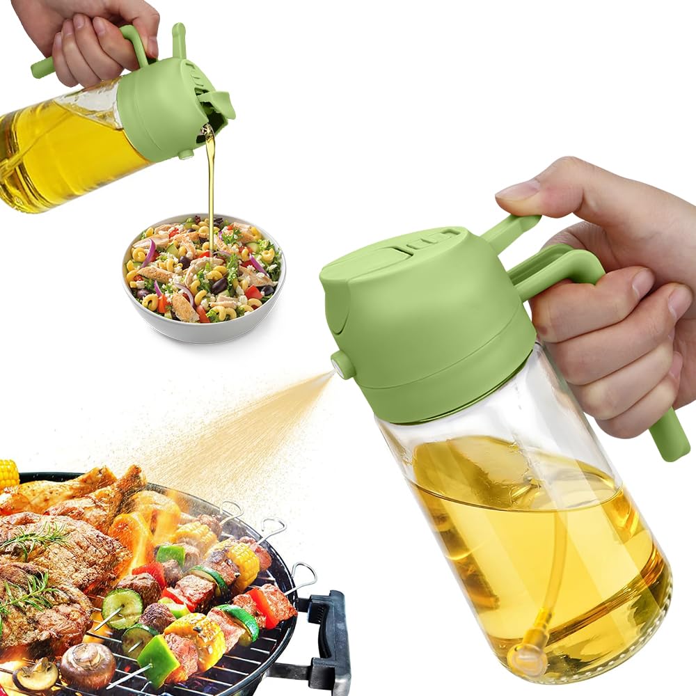 MGahyi 2-in-1 Glass Oil Sprayer & Dispenser - 470ml Kitchen Oil Spray Bottle for Healthy Cooking | Perfect for Salad Dressing, Baking & Frying | BPA-Free Glass Oil Mister (Green)