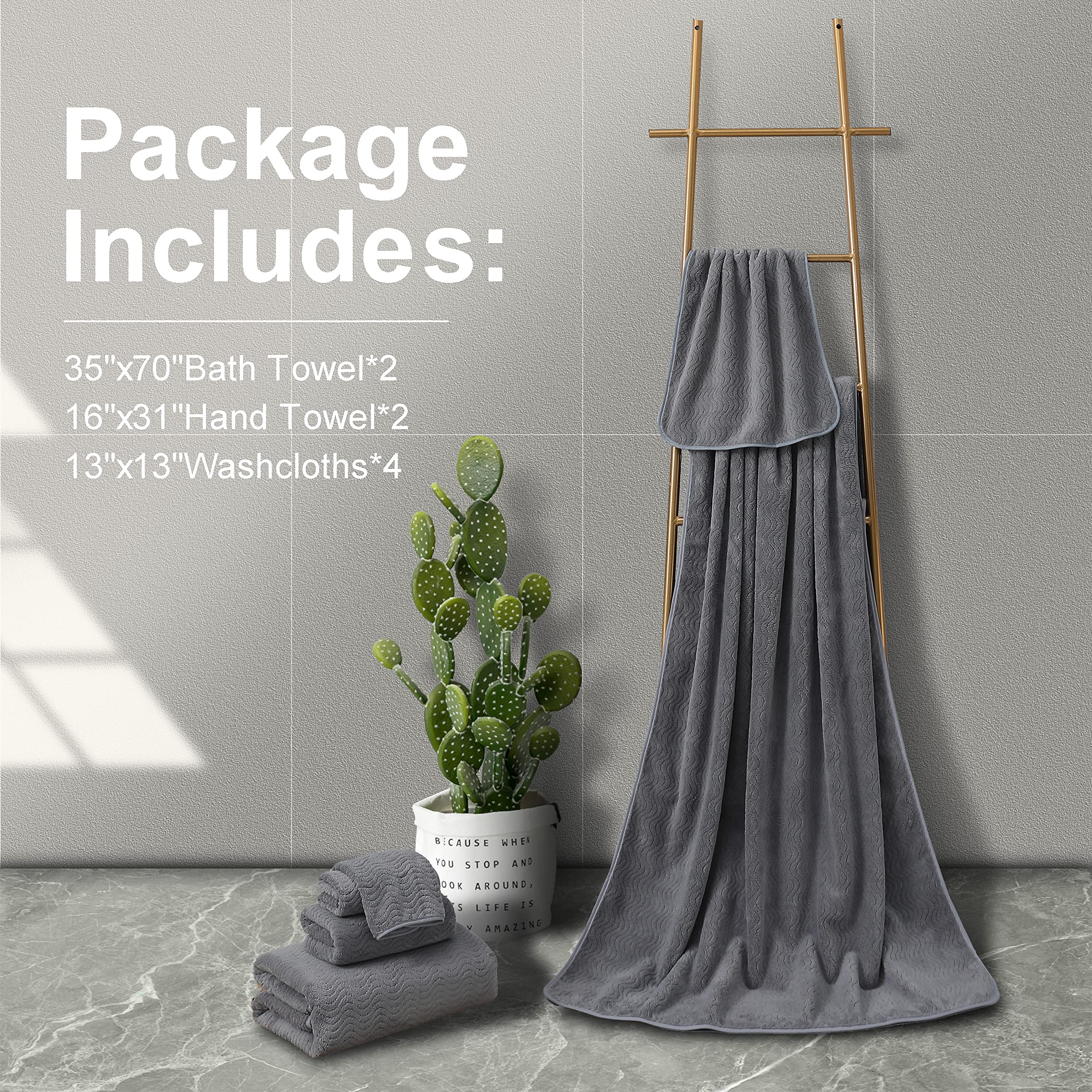Premium 8-Piece Ultra Soft Bath Towel Set - Quick Dry, Highly Absorbent & Lightweight - Includes 2 Oversized Bath Towels, 2 Hand Towels & 4 Washcloths - Perfect for Bathroom, Shower, Pool & Kitchen Use - Dark Gray