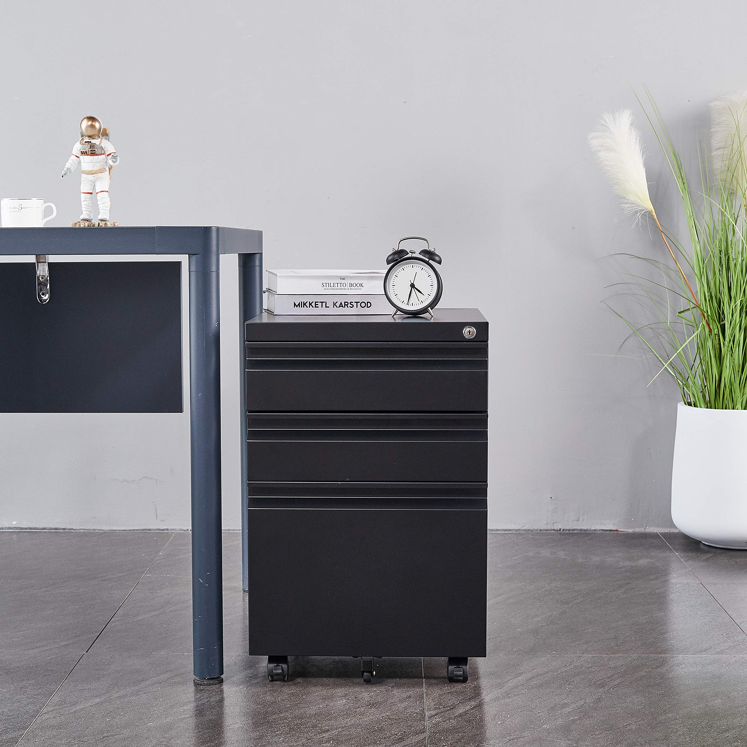 FLEXISPOT 3-Drawer Metal File Cabinet with Lock - Mobile Under Desk Storage for Legal/Letter/A4 Files - Fully Assembled Home Office Organizer (Black) - Perfect for Small Spaces & Document Management