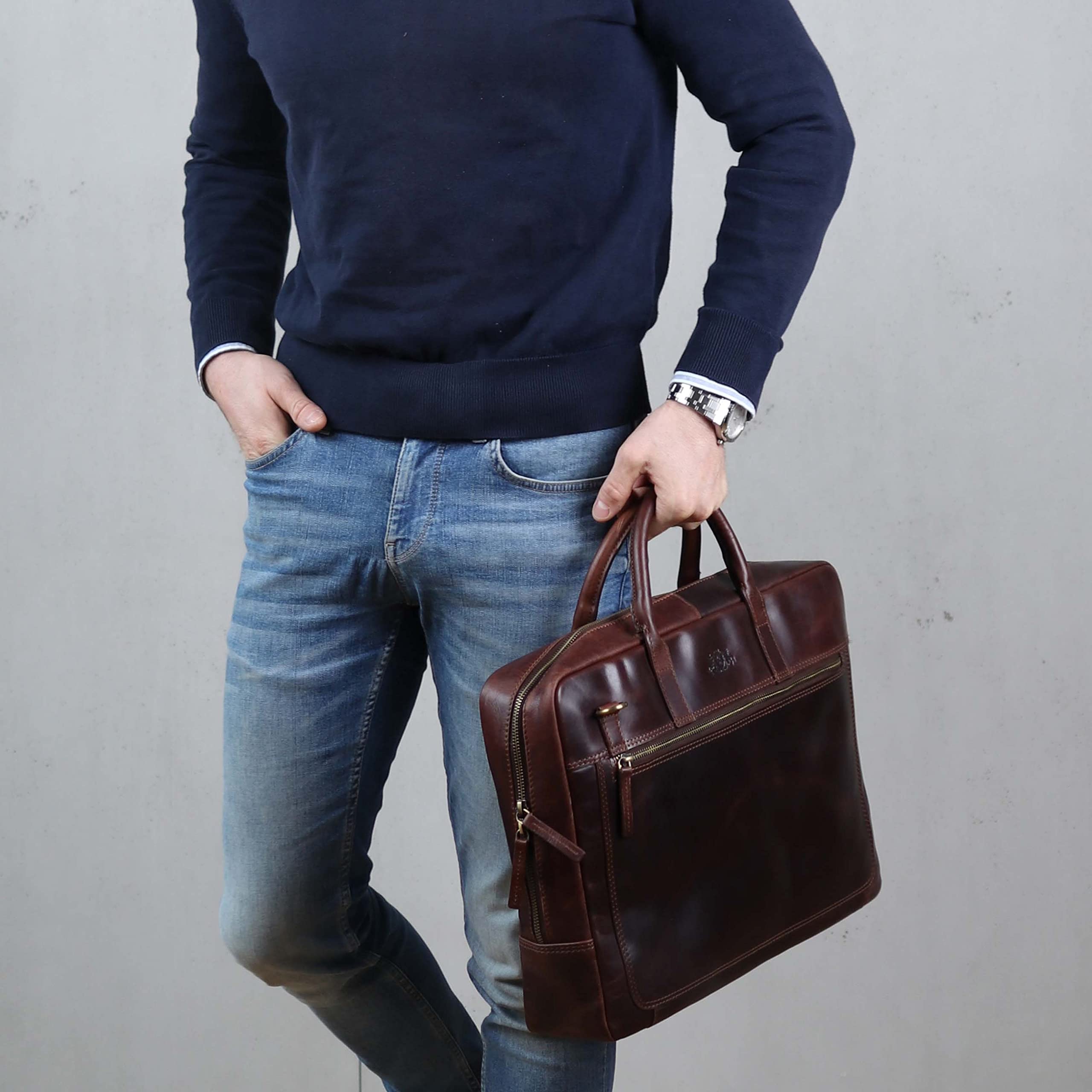 Premium Genuine Leather Laptop Briefcase for Business & Office - SID & VAIN DIXON Large Unisex Computer Bag in Brown - Perfect for Professionals, Commuters & Travelers