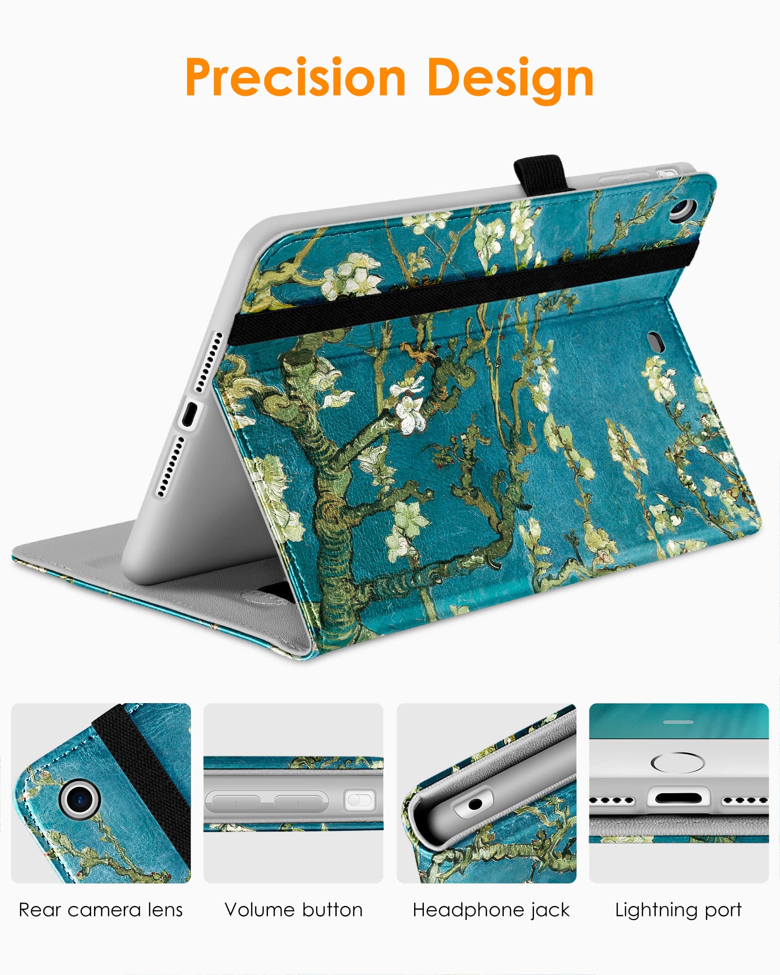 Premium Leather Folio Stand Case for iPad Mini 1/2/3 - Multi-Angle Viewing & Auto Wake/Sleep Function with Front Pocket | Perfect for Work, Travel & Home Use (Blossom Color)