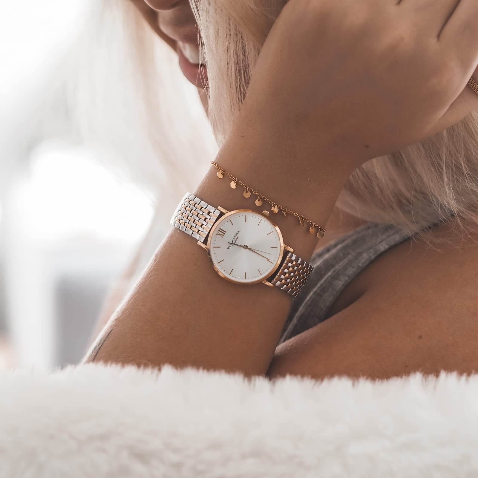 VICTORIA HYDE Women's Two-Tone Watch - Silver & Rose Gold Stainless Steel Ladies Watch for Large Wrist | Perfect for Office, Party & Everyday Wear
