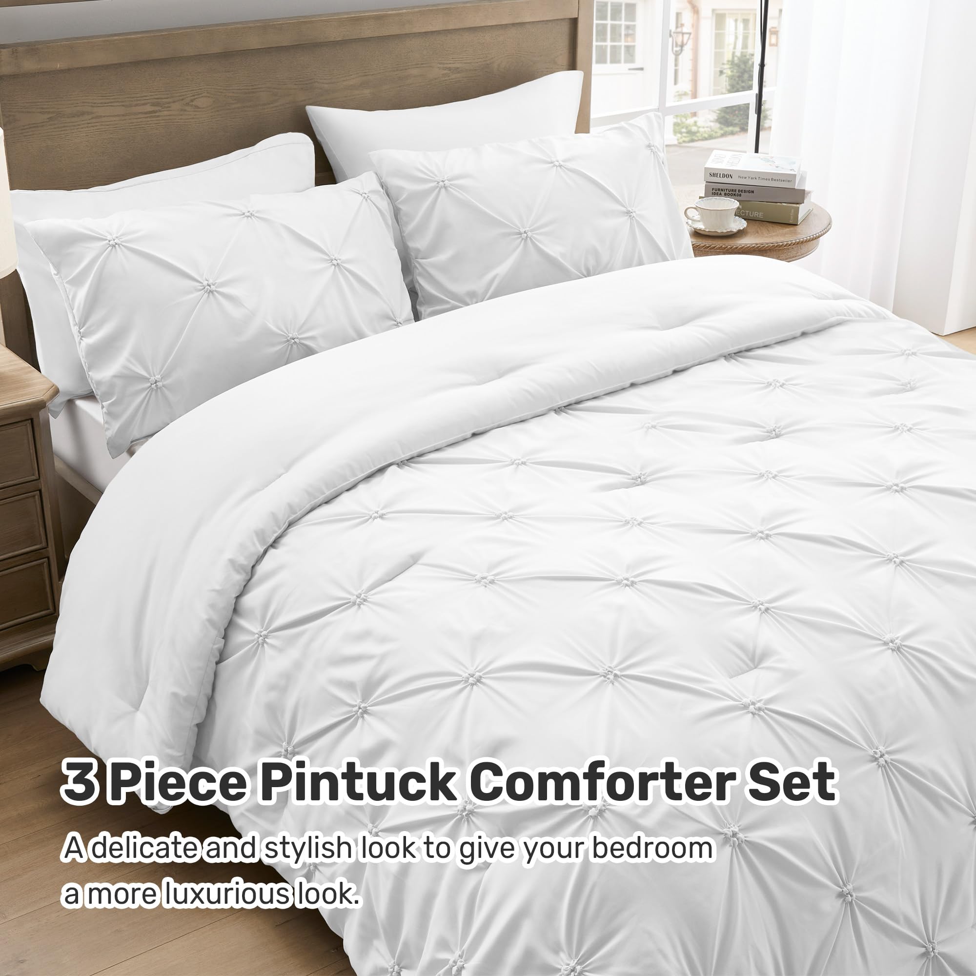 UNIKOME Queen Comforter Set - Soft Pintuck Down Alternative Bedding Set for All Seasons, 3 Piece Pinch Pleat Solid White Bedding with Comforter & 2 Pillow Shams | Luxury Bedroom Decor for Master Bedroom, Guest Room & Dorm
