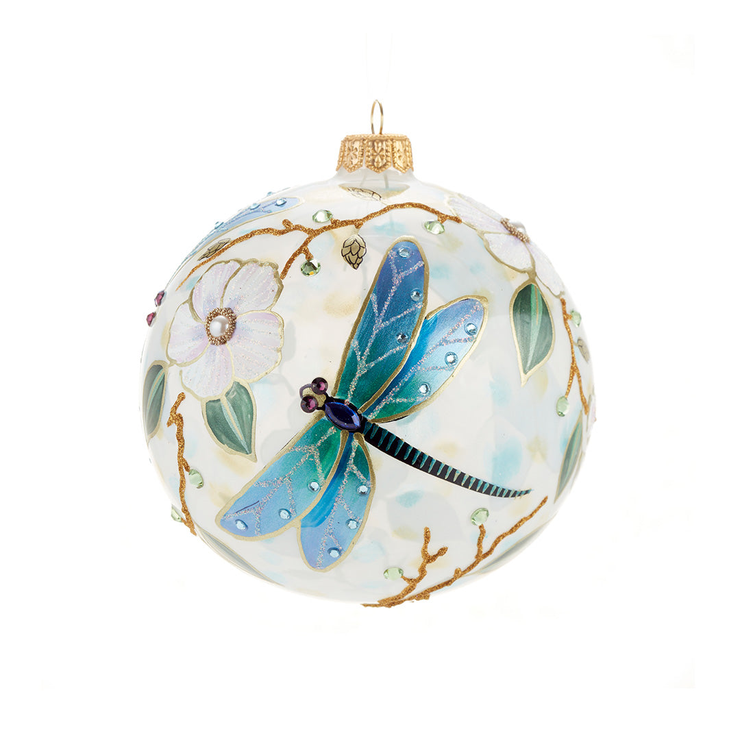 Exquisite Dragonfly & Cherry Blossom Glass Christmas Tree Ornament - Handcrafted Holiday Decor for Xmas Tree, Home, Office & Gift Giving