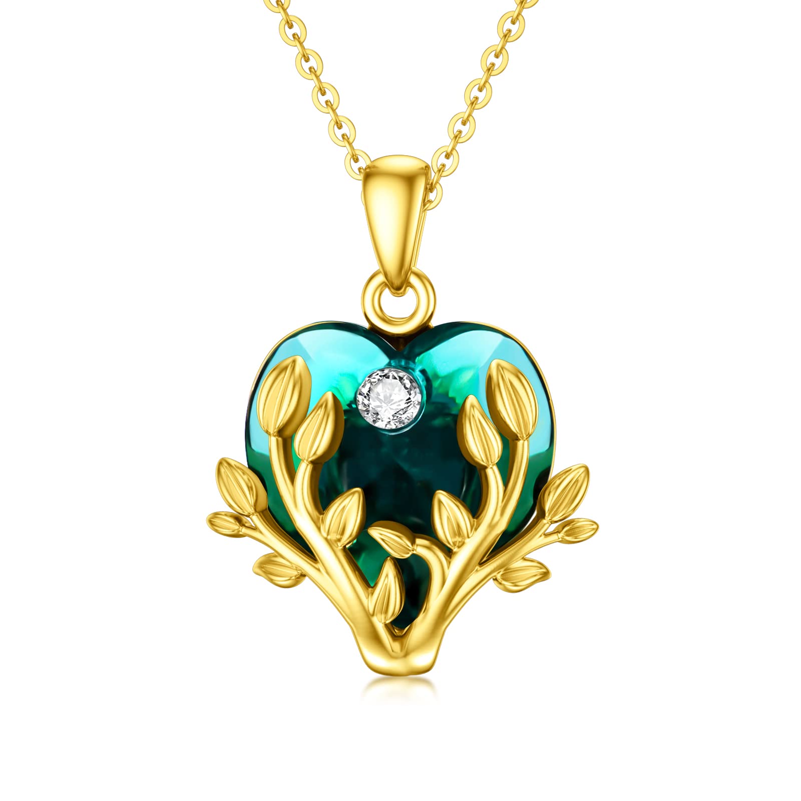 YDD 9ct Real Gold Tree of Life Necklace with Love Heart Crystal Pendant - Dainty Family Jewelry for Women, Perfect Christmas, Mother's Day & Birthday Gift for Her (16+1+1 inch) - Ideal for Special Occasions, Weddings, Anniversaries and Everyday Elegance