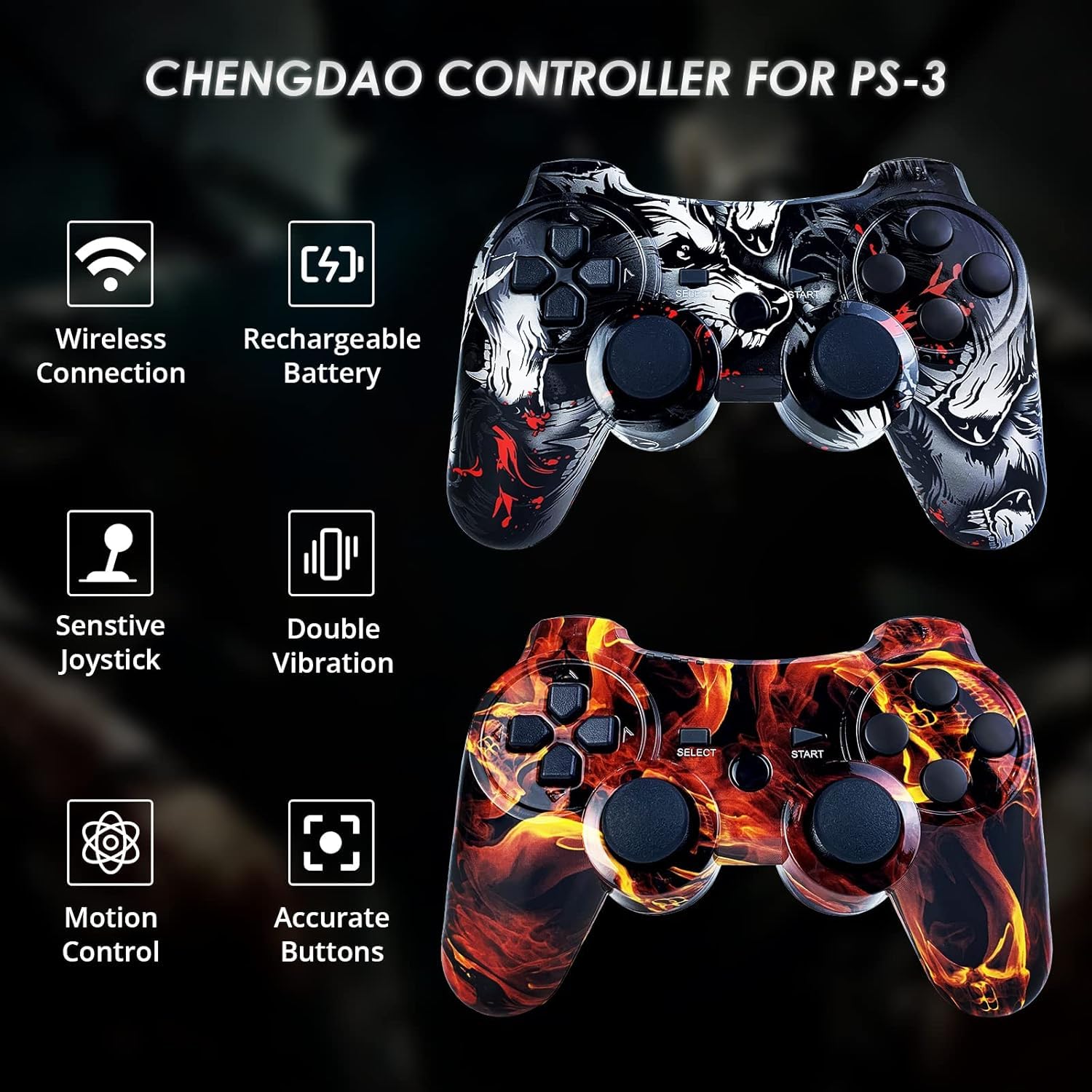 Wireless PS3 Controller for PlayStation 3 - High Performance Gamepad with Dual Shock Vibration & Motion Sensing - Perfect for Gaming, Sports & Action Games - Wolf Design