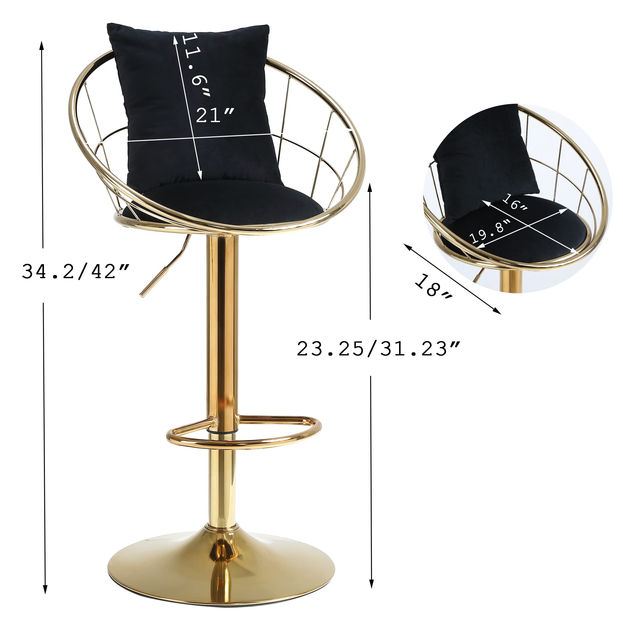 Modern Gold Bar Stools Set of 2 - 360° Swivel Adjustable Height Counter Stools with Net Back & Velvet Cushion - Upholstered Bar Chairs for Kitchen, Bistro, Pub, Dining Room - Perfect for Home Bars, Breakfast Nooks & Entertainment Spaces (Black)