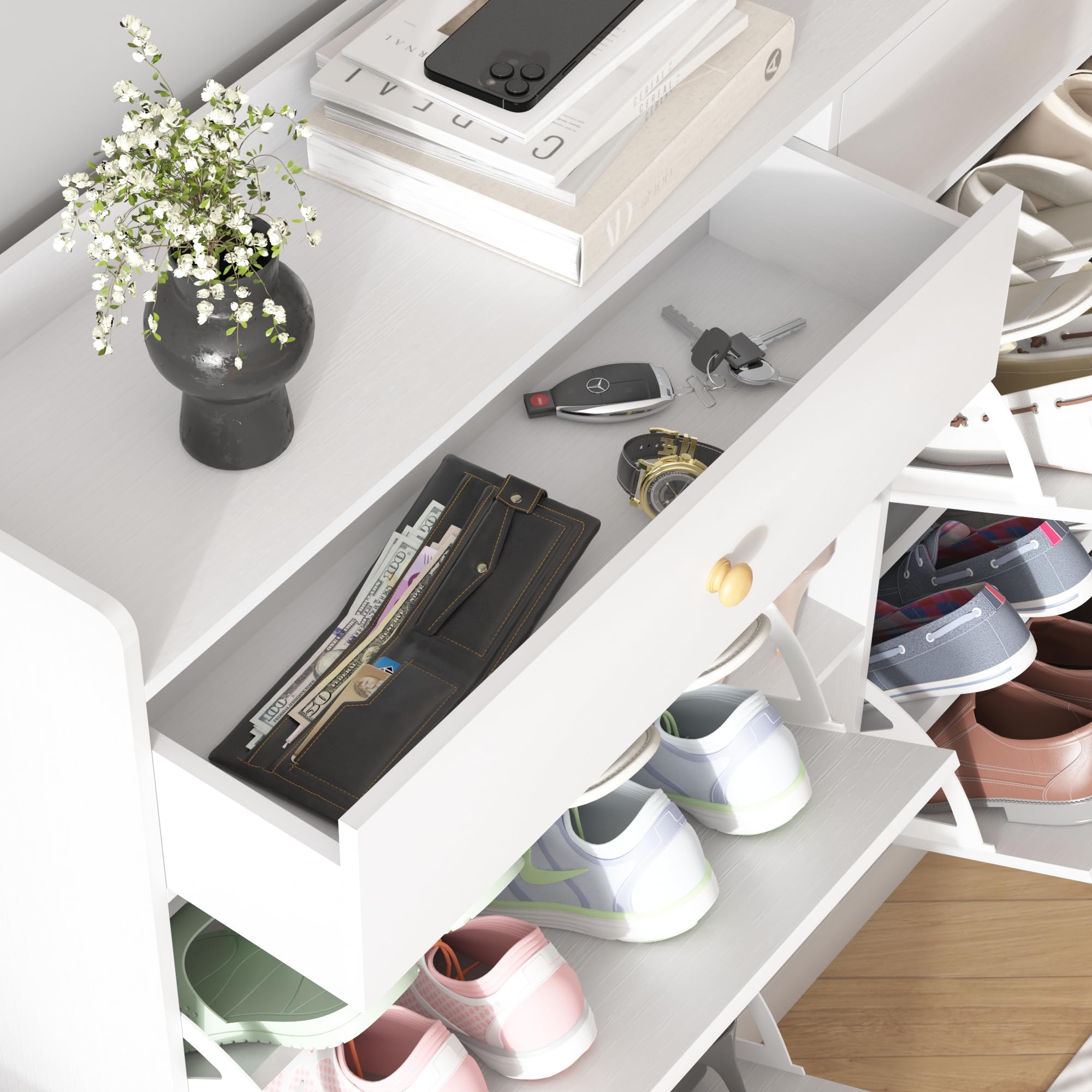 Modern White Shoe Cabinet for Entryway - Freestanding Shoe Rack Storage Organizer with Drawers | Perfect for Small Spaces, Hallway Organization & Shoe Storage Solutions