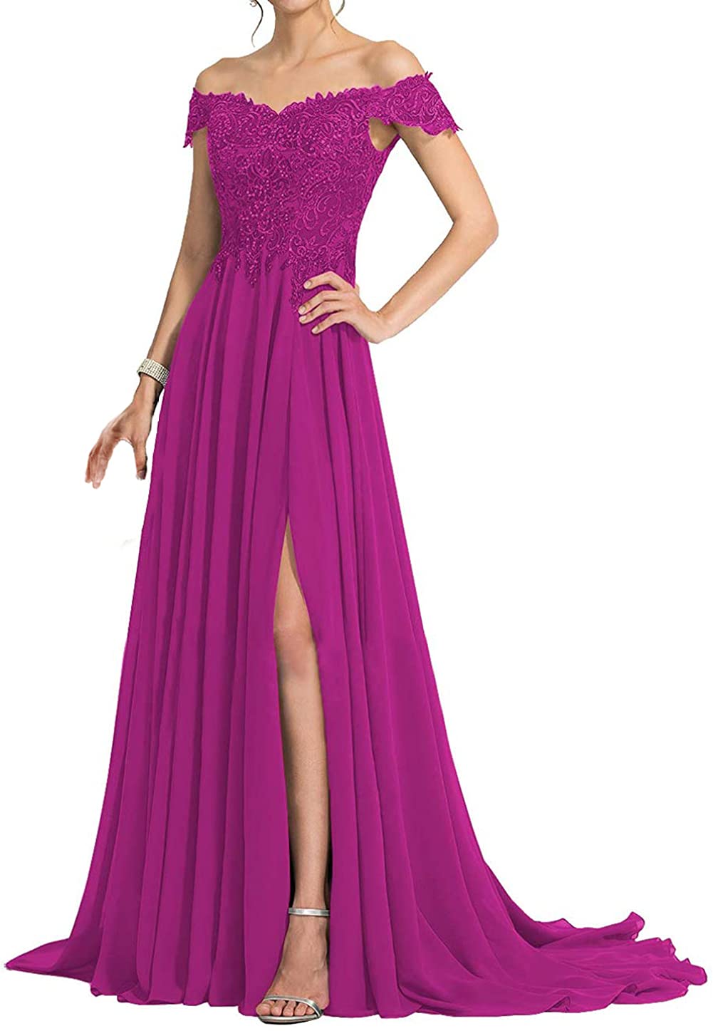Elegant Off Shoulder Mother of The Bride Dresses - Long Chiffon Lace Formal Evening Gowns with High Slit for Wedding, Prom & Special Occasions