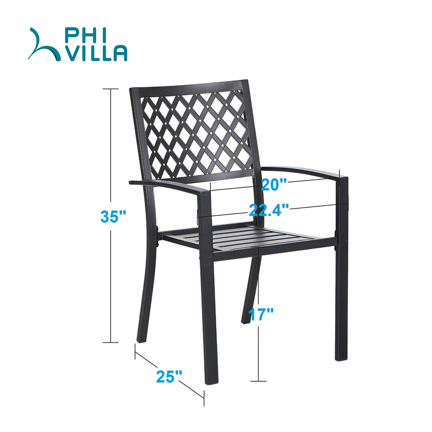 PHI VILLA Stackable Black Metal Outdoor Patio Chairs - Set of 2 Heavy Duty Wrought Iron Dining Chairs with Armrests 300 lbs Weight Capacity - Perfect for Backyard, Garden, Restaurant, Bistro & Outdoor Dining Areas