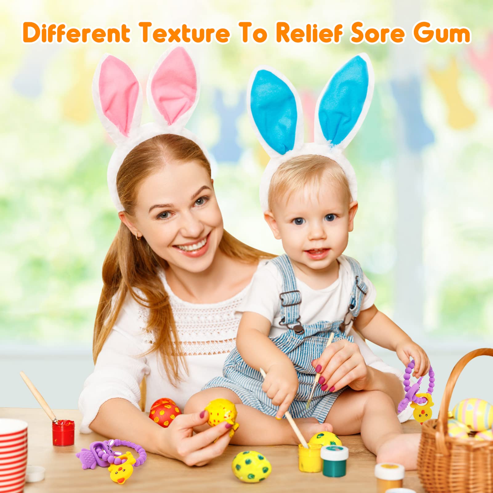 **Easter Teething Toys for Babies 0-12 Months - Soft Silicone Chew Toys for Infants (Purple Bunny & Chicken) - Perfect Easter Basket Stuffers & Gifts for Boys & Girls - Soothe Sore Gums During Playtime & Travel**