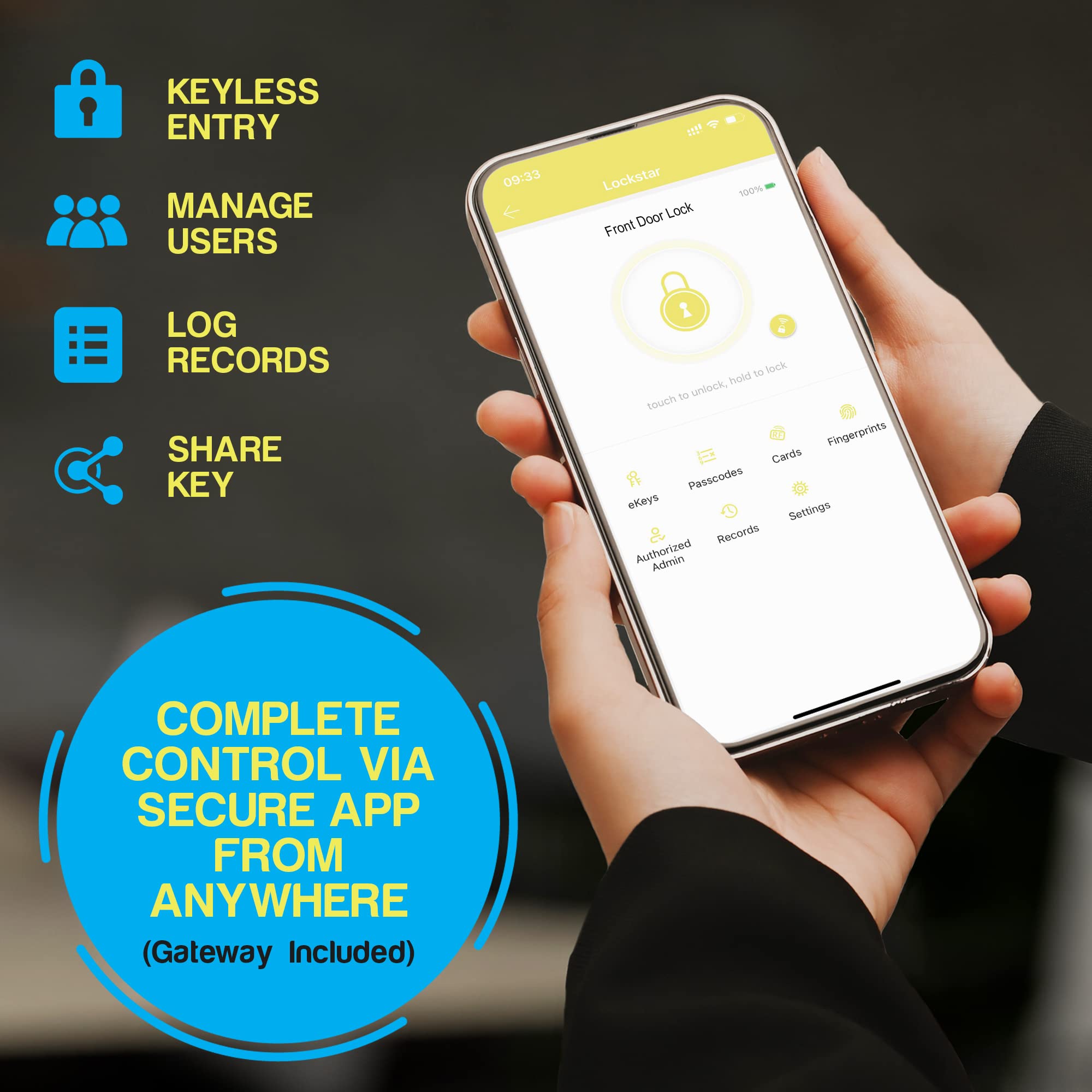 LOCKSTAR® Smart Door Lock with Handle - Keyless Deadbolt Entry with Fingerprint, Keypad, App, FOB & Traditional Key - Smart Home Security for Front Door, Apartment & Airbnb Use