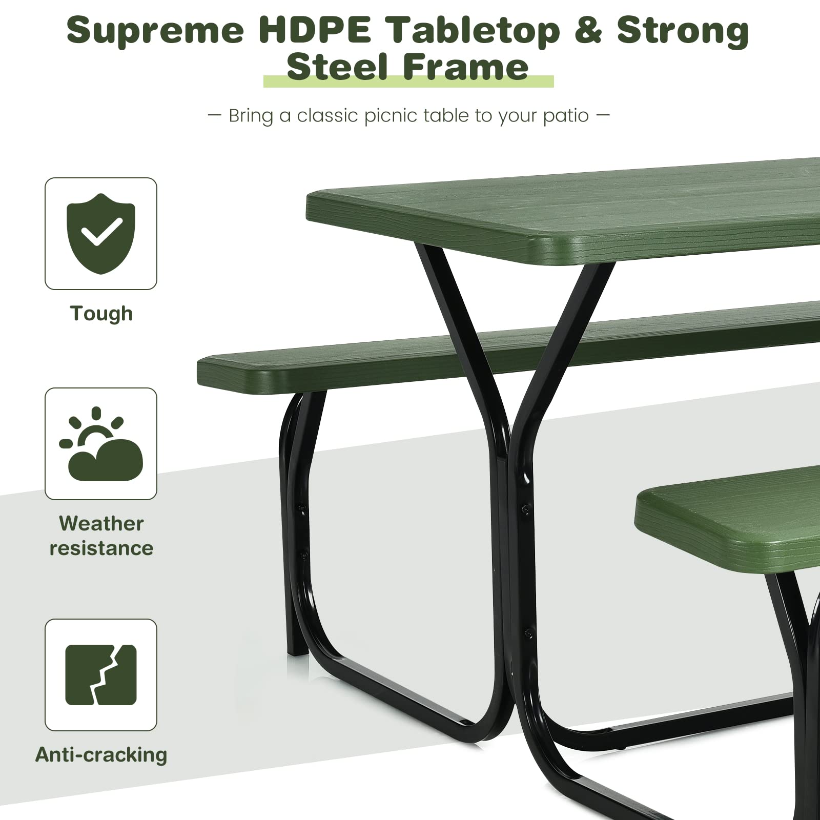 Moccha Portable Plastic Picnic Table Bench Set with Steel Frame & Wood-Like Texture - Heavy Duty All-Weather Outdoor Dining Set for Garden, Patio, Backyard, Camping and Party Gatherings (Green)