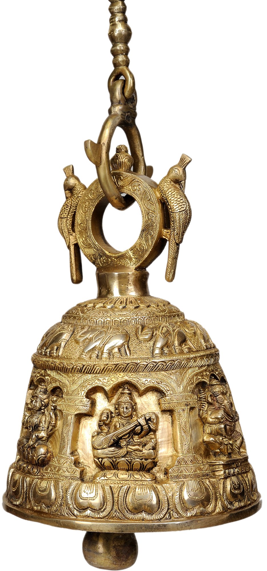 Ganesh Lakshmi Saraswati Brass Bell Statue - Hindu God Idol for Home Altar, Office Decor & Spiritual Puja Ceremony