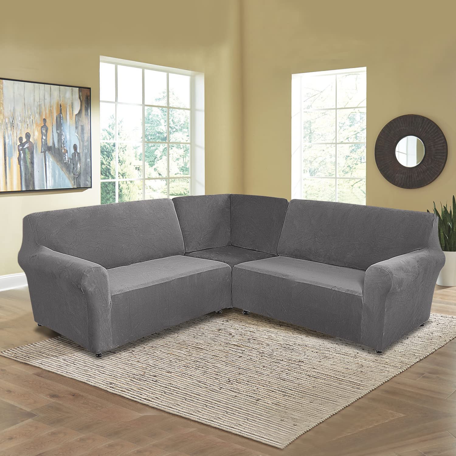 ELEOPTION 5-Seat L-Shaped Sofa Cover - Stretchable Velvet Slipcover for Sectional Couches, Furniture Protector, Soft & Washable (Grey) - Perfect for Living Room, Home Theater, and Office Use