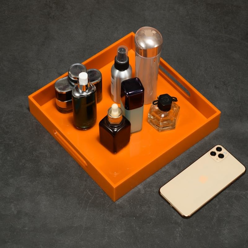 Orange Acrylic Serving Tray with Handles - 10x10 Inch for Kitchen, Vanity & Ottoman
