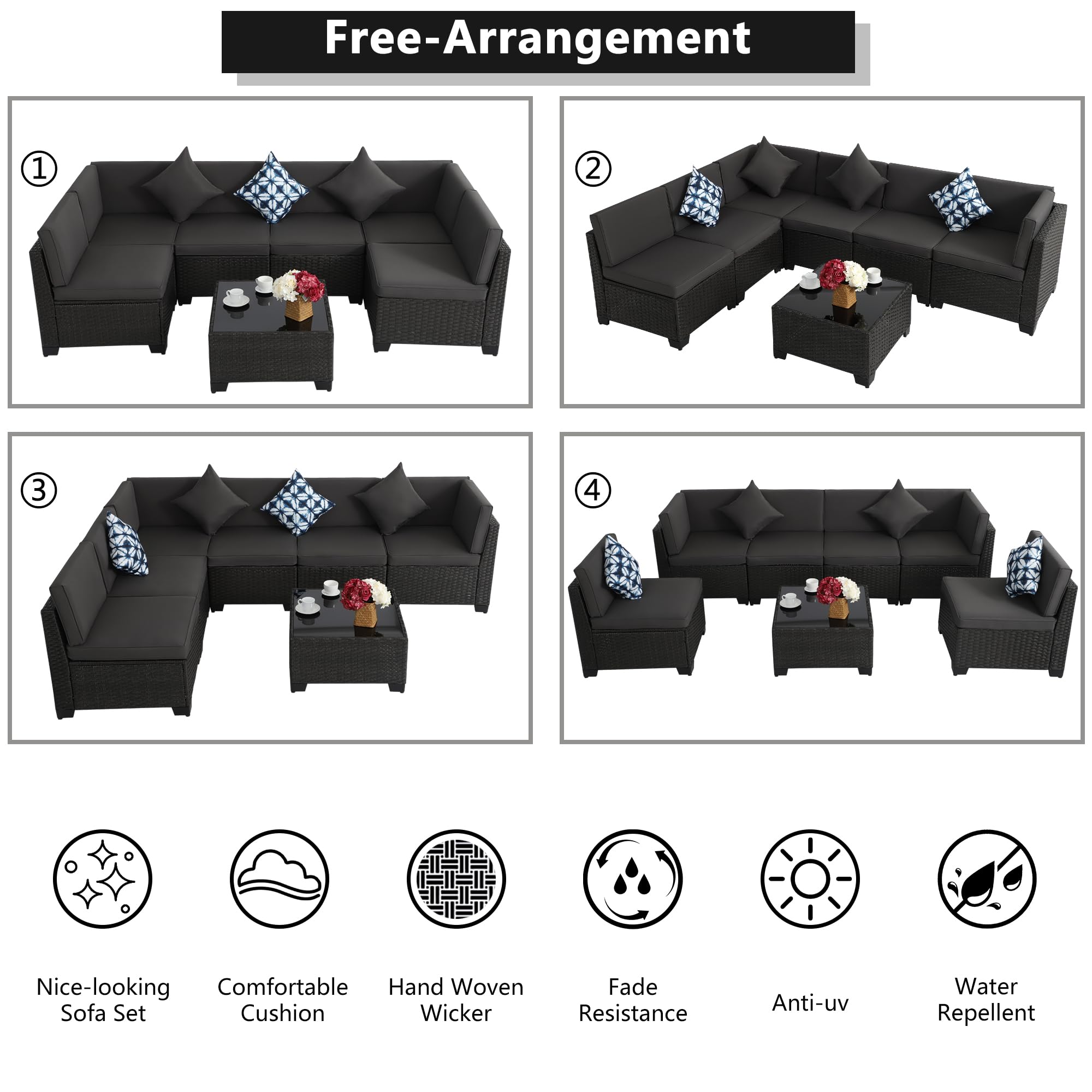 **KIGOTY 7-Piece Modular Outdoor Sectional Sofa Set - All-Weather PE Wicker Patio Furniture with Cushions & Glass Coffee Table (Green Cushions, Gray) - Perfect for Backyard, Poolside, or Garden Relaxation**