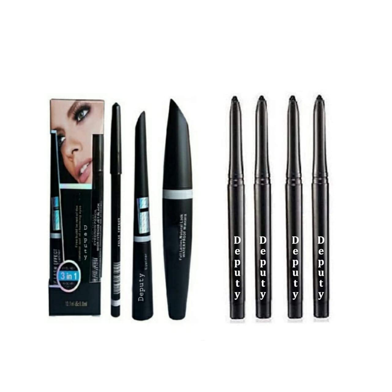 7-in-1 Deputy Mascara, Liquid Eyeliner & Eyebrow Pencil Set with 4 Kajal Sticks - Perfect for Everyday Makeup, Party Looks & Professional Beauty Routines