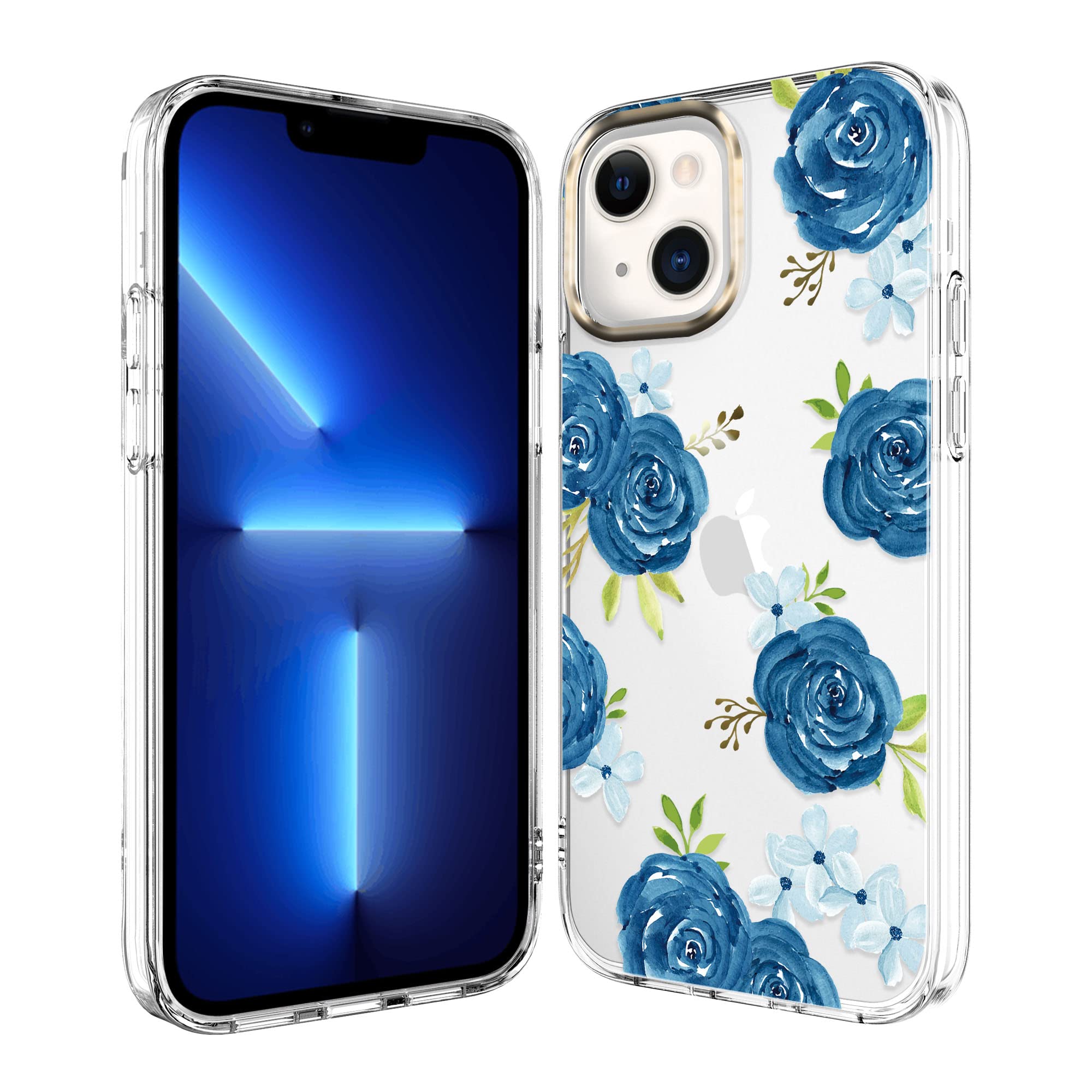BAISRKE Clear Floral Shockproof Hard Case for iPhone 13 (6.1 inch 2021) - Blue Blossoms Design | Protective Phone Cover for Women | Perfect for Everyday Use, Work & Travel