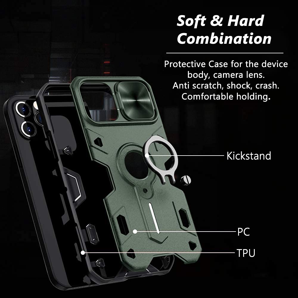 CloudValley iPhone 12 Pro Max Case with Camera Cover & Kickstand - Military Grade Armor Protection, 360° Rotating Ring Stand, Shockproof & Impact Resistant - Perfect for Outdoor Adventures, Travel & Daily Protection (Green)