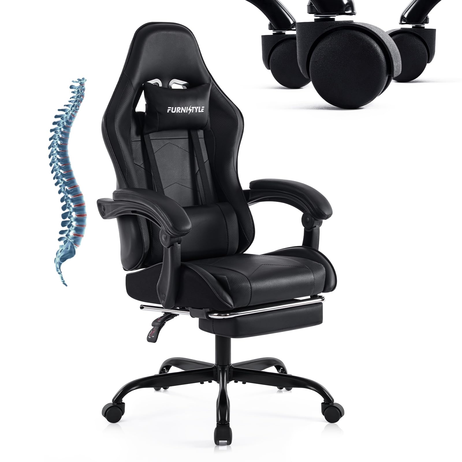 Ergonomic Gaming Chair with Footrest & Lumbar Support - Adjustable Reclining Swivel Office Chair for PC Gamers & Teens - High Back PU Leather Computer Desk Chair - Perfect for Esports, Streaming & Home Office Work