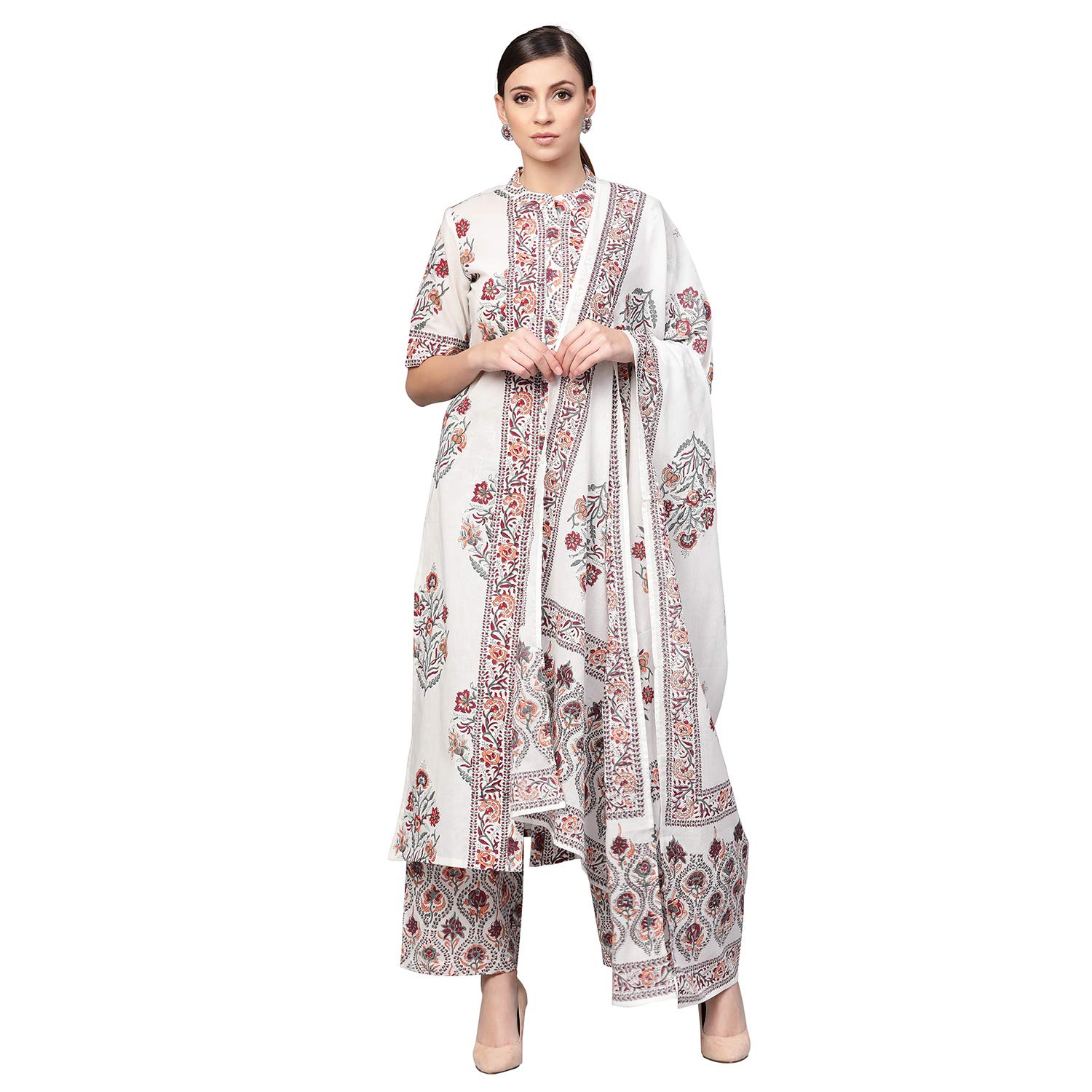 Idalia Women's White Floral Embroidered Cotton Kurta Set with Dupatta & Printed Palazzo Pants - Boho Chic Indian Ethnic Outfit for Festivals, Weddings & Special Occasions