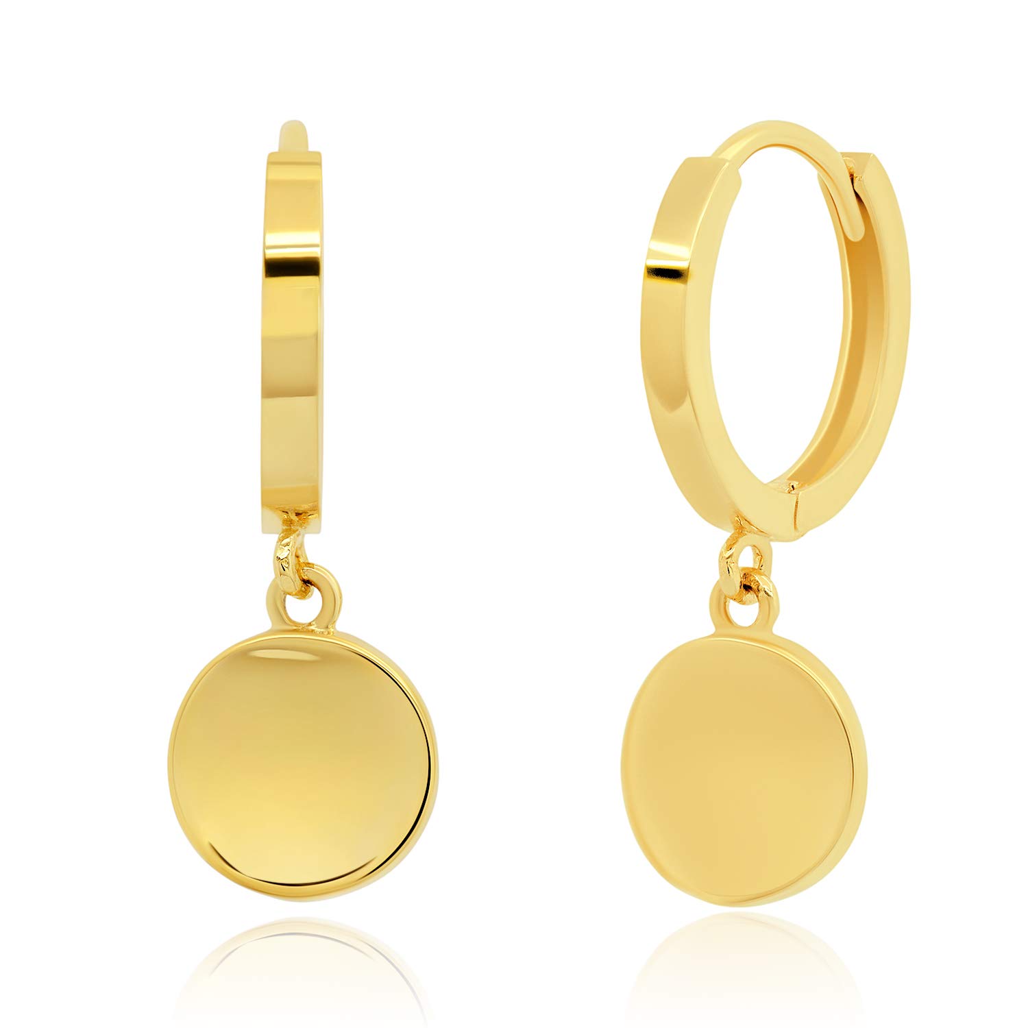 14K Yellow Gold Small Huggie Hoop Earrings for Women - 10mm Round Plate Dangle Earrings | Minimalist Everyday Jewelry for Work, Date Night & Special Occasions