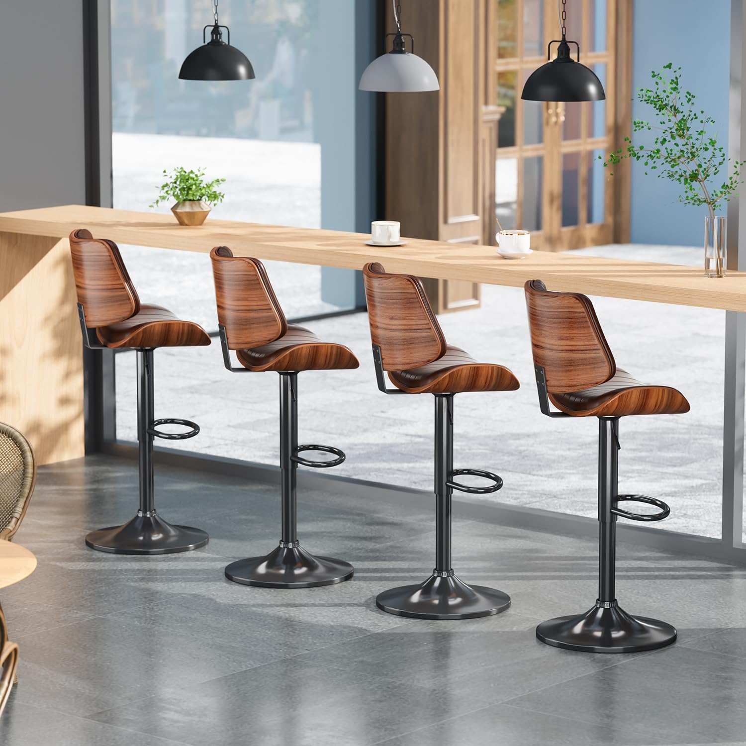 Adjustable Swivel Bar Stool with Backrest & Footrest - Modern PU Leather Upholstered Bentwood Bar Chair for Kitchen Island, Counter, Dining Room & Home Bar - Comfortable Seating for Entertaining, Breakfast Nook & Casual Dining (Brown)