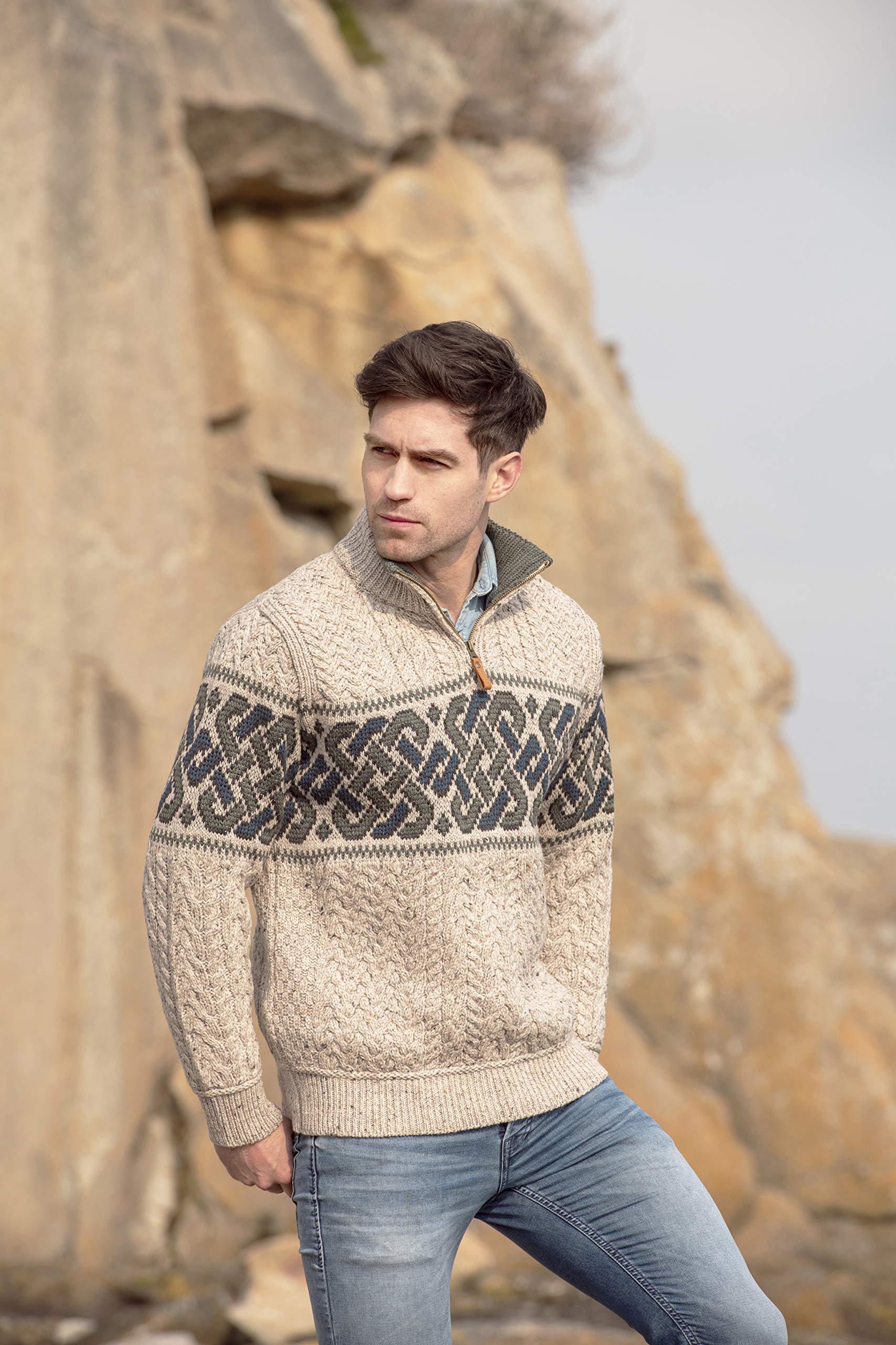 Aran Crafts Men's Irish Cable Knit Half Zip Jacquard Sweater - 100% Merino Wool - Warm Winter Pullover for Outdoor Activities & Casual Wear